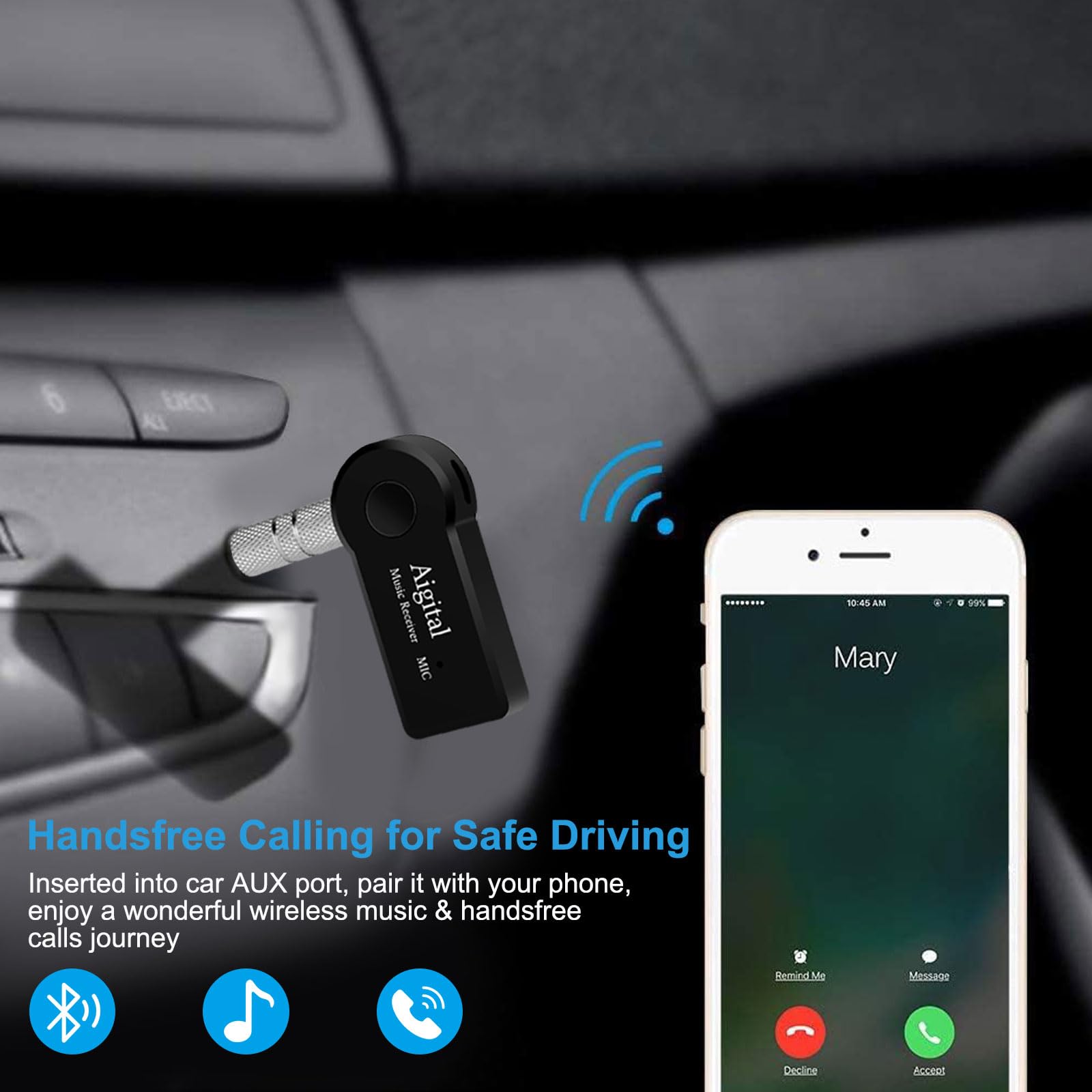 Wireless Bluetooth 5.0 Receiver for Car & Home Audio - Mini Bluetooth Adapter with 8-Hour Playtime, Hands-Free Calling, AUX to Bluetooth Converter - Compatible with Speakers, Headphones, Home Stereo Systems (Perfect for Music Streaming in Car, Office or Home Entertainment Setup)