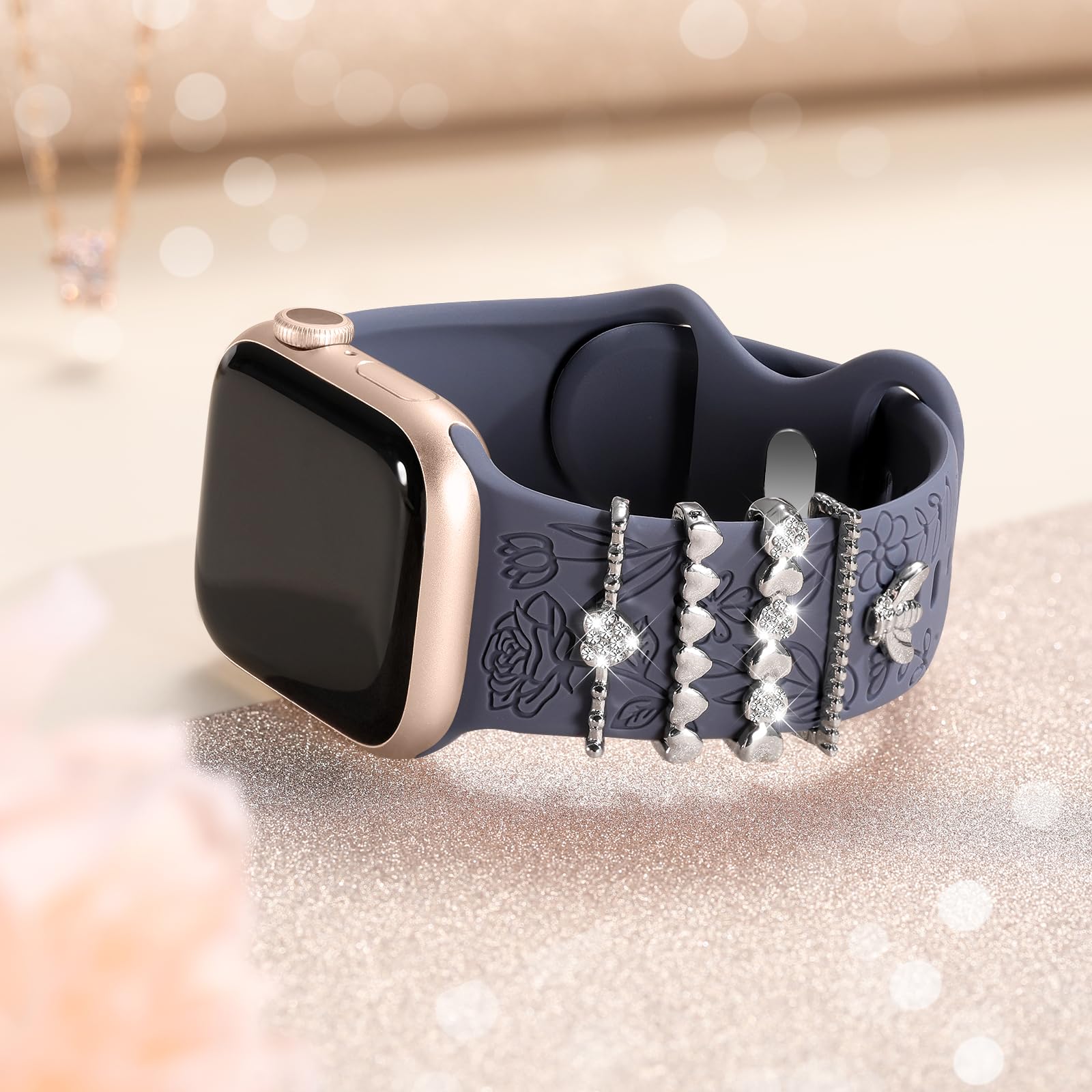 DaQin Floral Engraved Silicone Band Compatible with Apple Watch Series 9/8/7/6/5/4/3/2/1/SE - 38mm 40mm 41mm 42mm 44mm 45mm Women's Fashion Watch Strap with Decorative Charms - Perfect for Workouts, Office Wear & Everyday Style