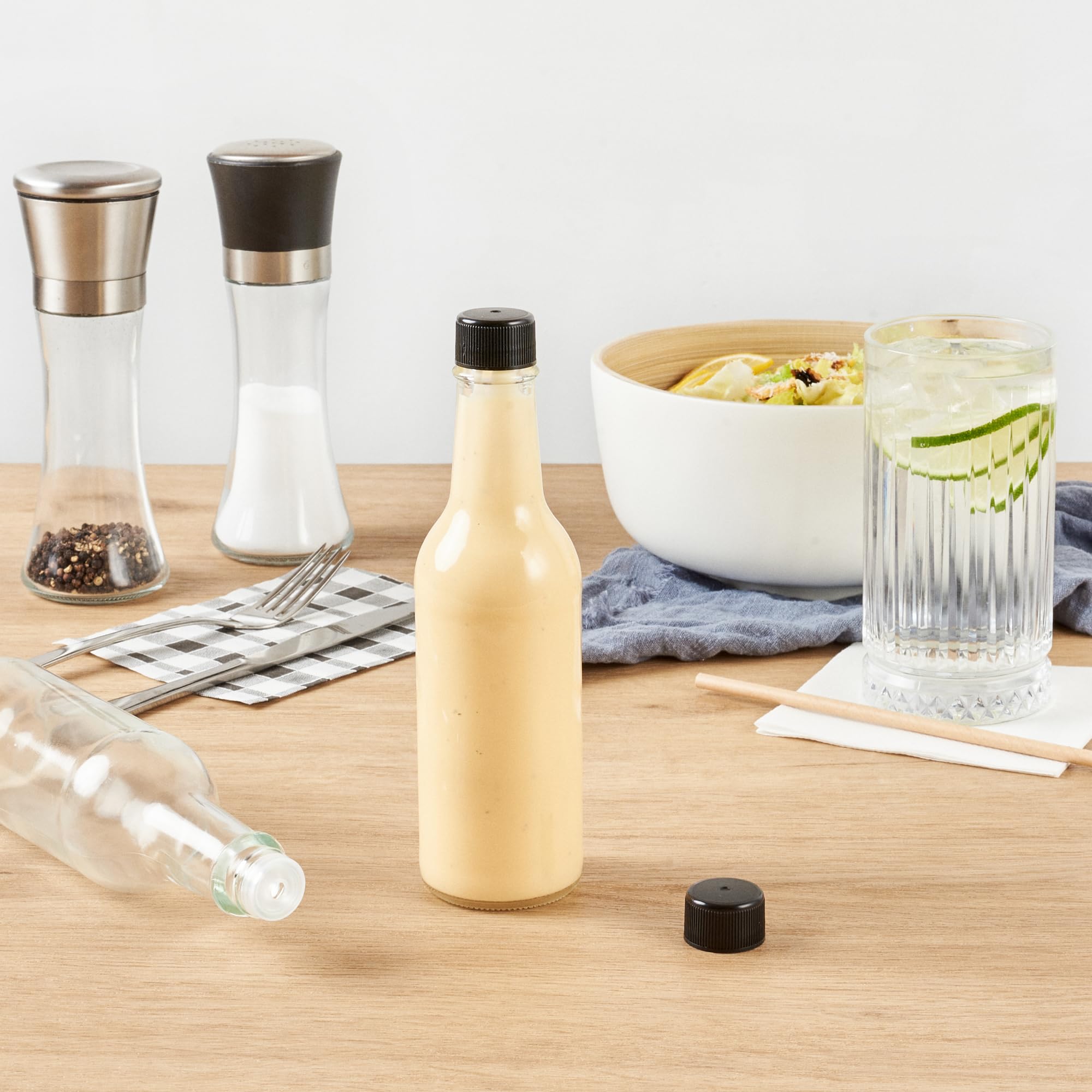 **Vetri 9 oz Clear Glass Woozy Bottles with Black Caps - 10-Pack Dishwasher Safe Empty Sauce Bottles for Hot Sauce, Salad Dressing, BBQ, Oil, Tinctures - Perfect for Restaurants, Catering & Home Kitchens**