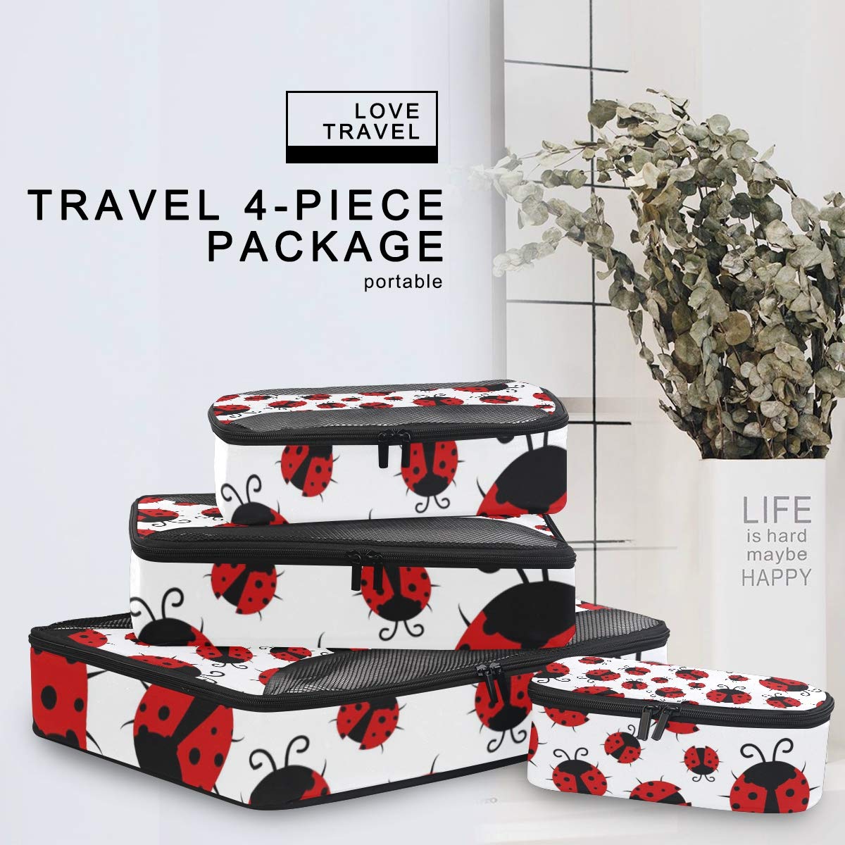 4-Piece Ladybugs Print Packing Cubes Set - Travel Luggage Organizers with Mesh Storage Bags for Suitcases | Perfect for Vacation, Business Trips & Weekend Getaways