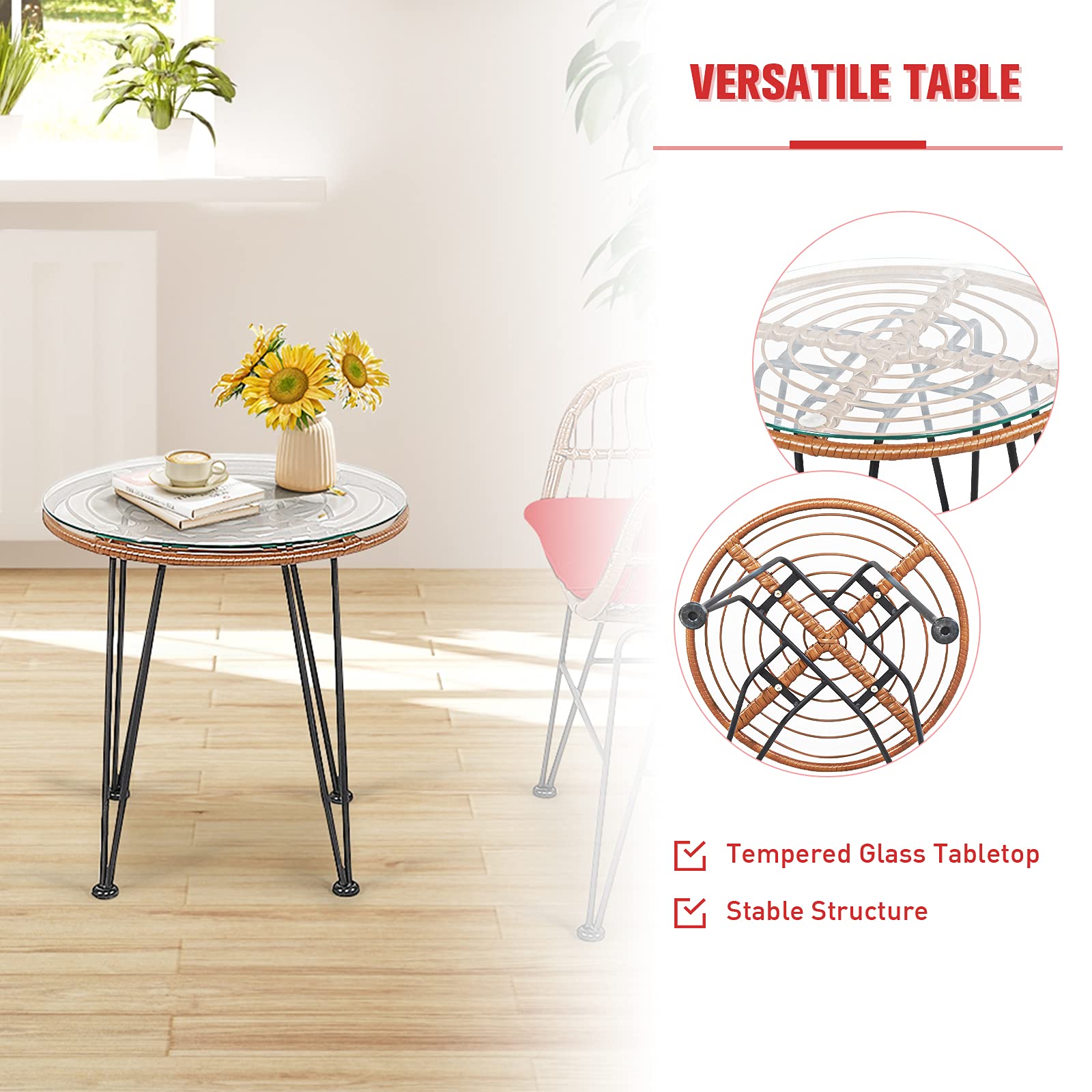 RELAX4LIFE 3-Piece Outdoor Patio Furniture Set - Rattan Bistro Table with Tempered Glass Top & 2 Wicker Armchairs - Perfect for Garden, Backyard, Porch, Balcony - Red Wicker Conversation Set for Relaxing & Entertaining Guests