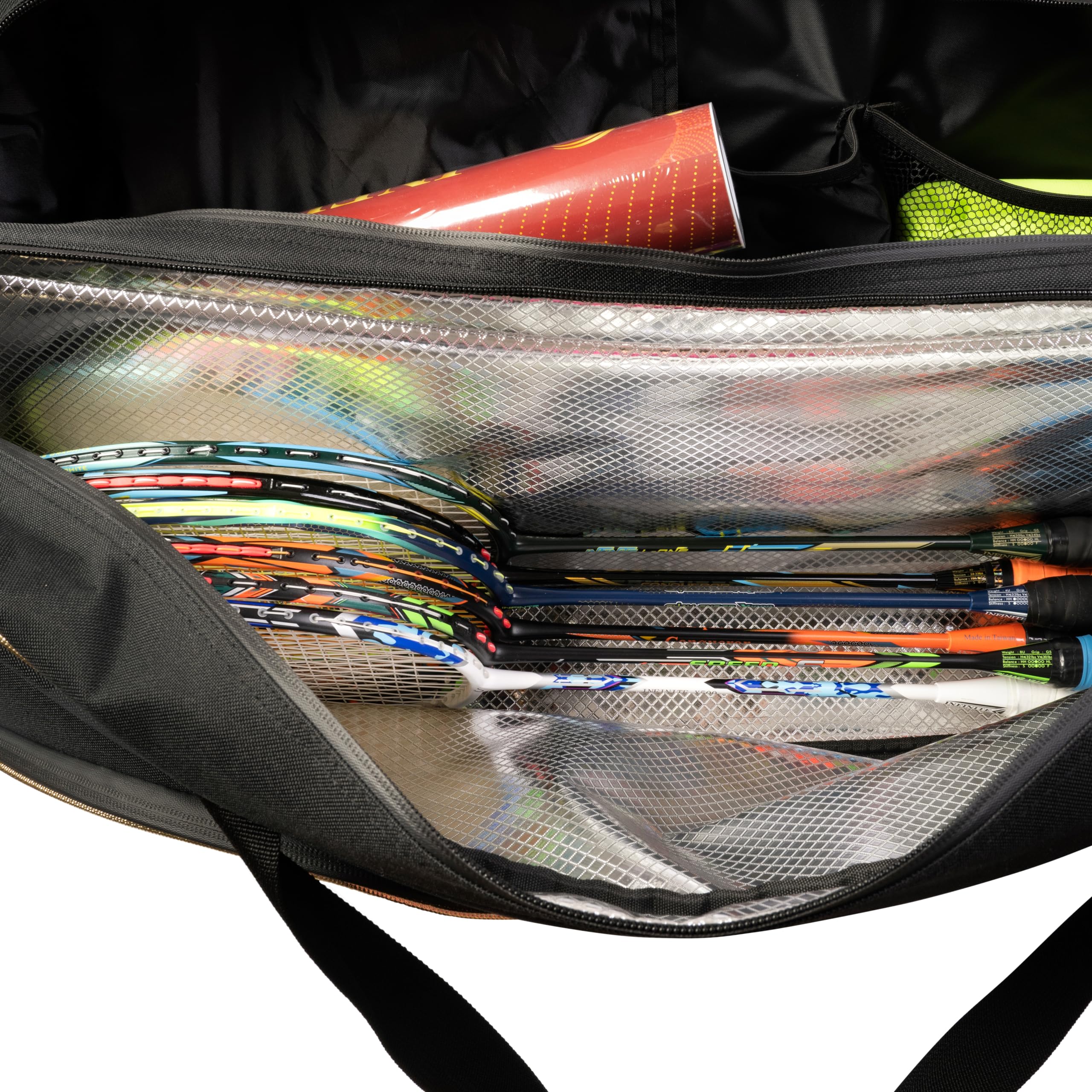 Premium Thermal Badminton Kit Bag with 3 Compartments - Large Capacity Sports Bag Holds 6 Rackets & Shoes - Durable Oxford Fabric with Double Zipper (Black & Gold) - Perfect for Badminton Tournaments, Training & Gym Storage