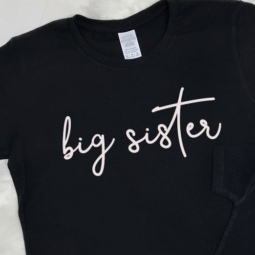 Big Sister & Little Sister Matching Black Script T-Shirts - Cute Sibling Outfits for Family Photos & Special Occasions