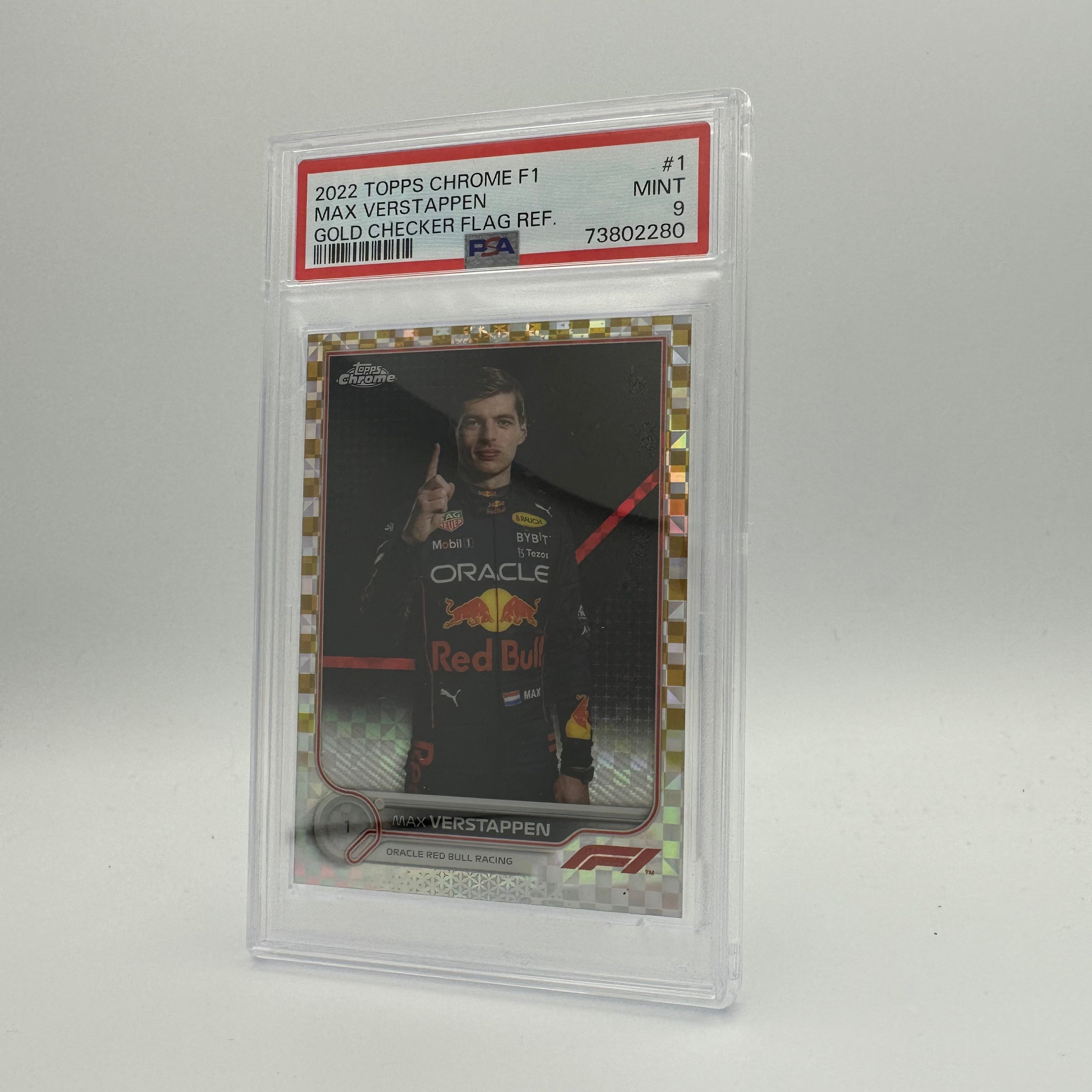 PSA 9 Graded 29/50 Max Verstappen #1 Gold Checker Flag Refractor - Rare F1 Trading Card for Collectors & Sports Memorabilia Enthusiasts