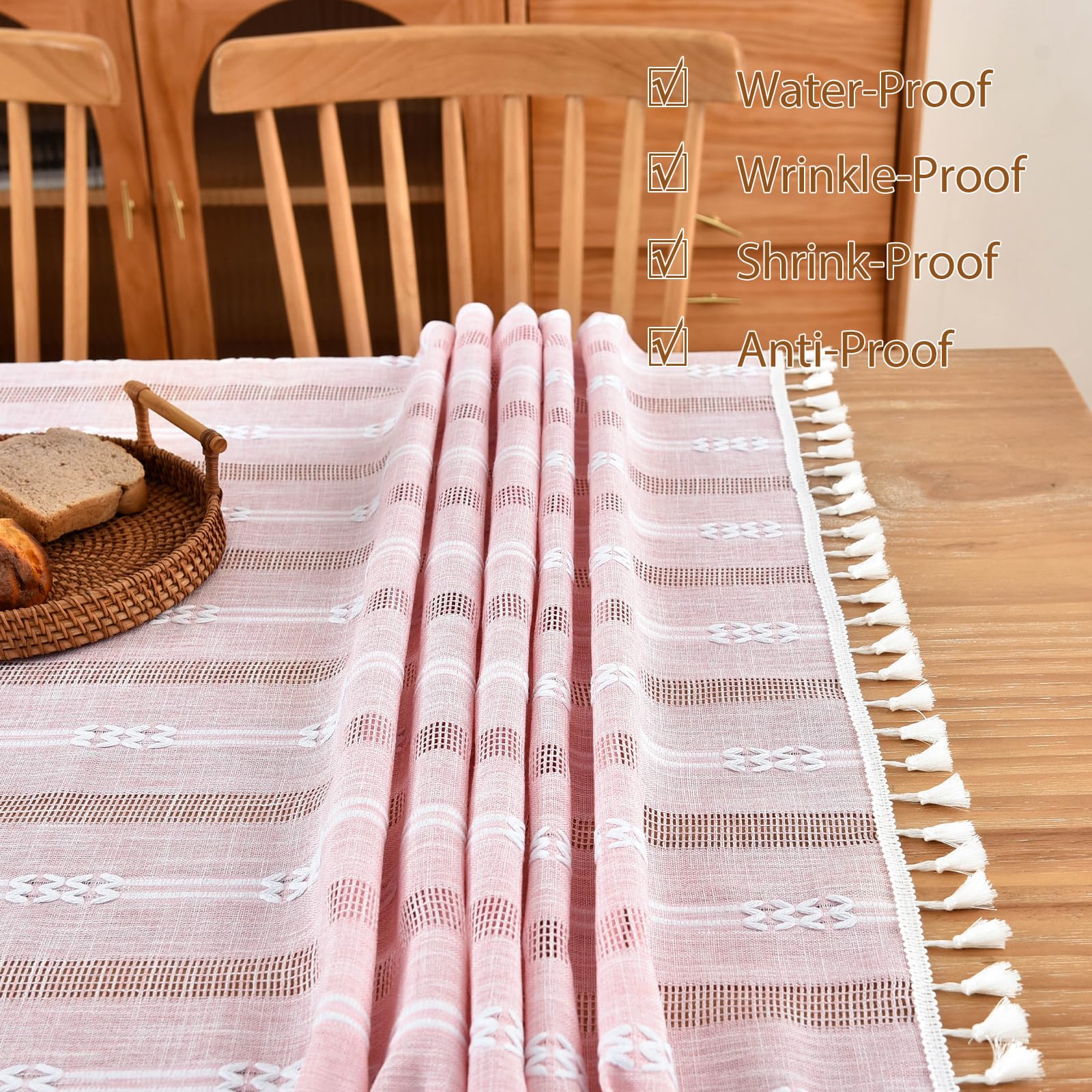Rustic Embroidered Linen Tablecloth with Tassels - 55x55 Inch Wrinkle-Free Farmhouse Dining Table Cover for Kitchen, Square Tables (4 Seats, Pink) - Perfect for Dinner Parties, Holiday Gatherings & Farmhouse Decor