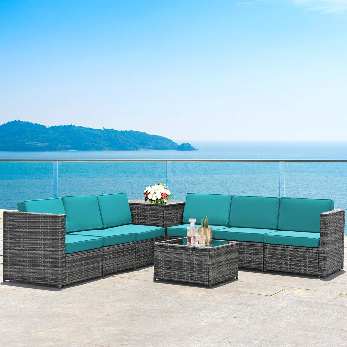 HappyGrill 8-Piece Outdoor Patio Furniture Set - All-Weather Rattan Wicker Sectional Sofa with Coffee Table, Cushions & Storage Box - Perfect for Garden, Backyard, Poolside & Outdoor Entertaining