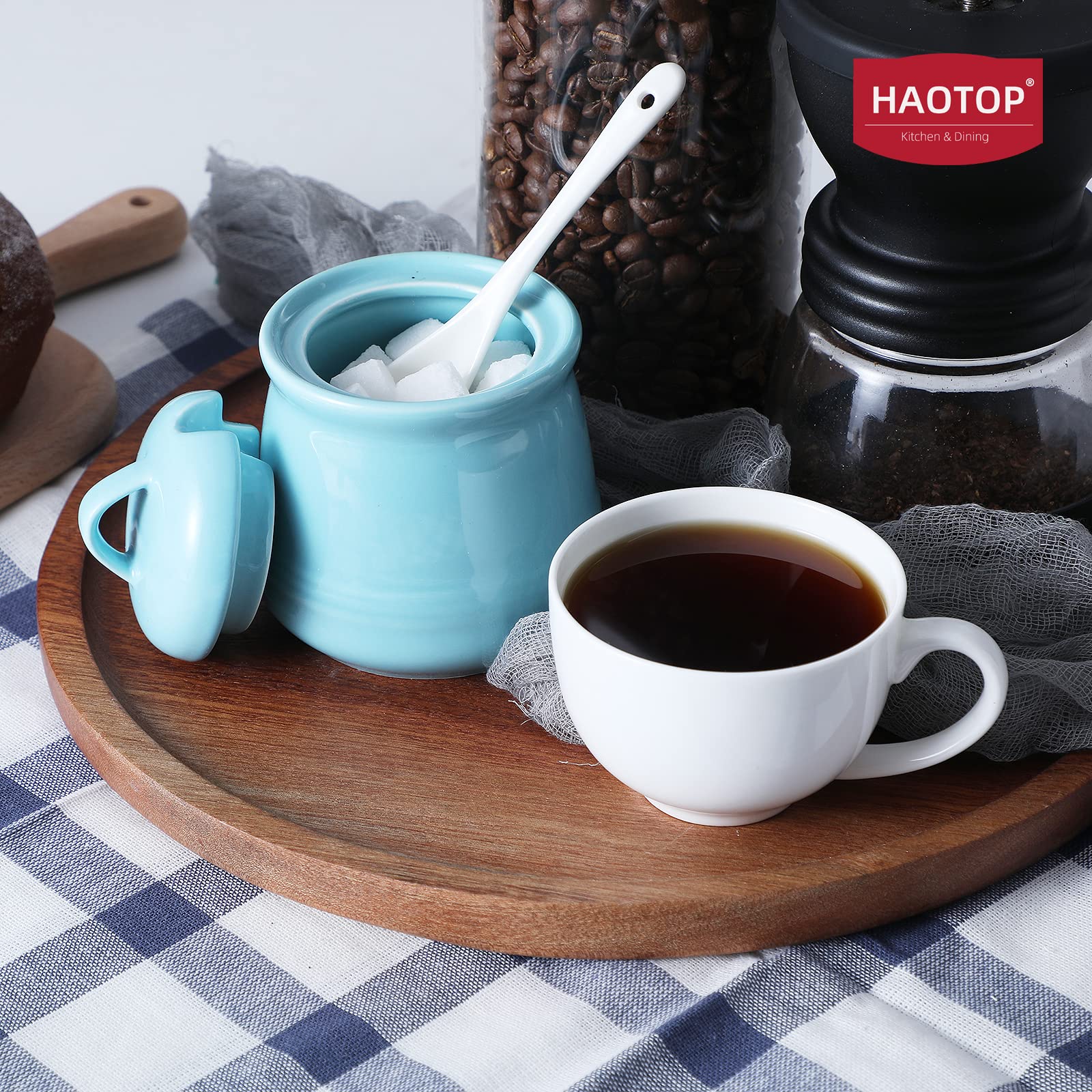 HAOTOP 12oz Porcelain Sugar Bowl with Lid & Spoon - Ceramic Salt & Spice Container for Kitchen, Dining & Coffee Tea Station - Elegant Blue Home Decor