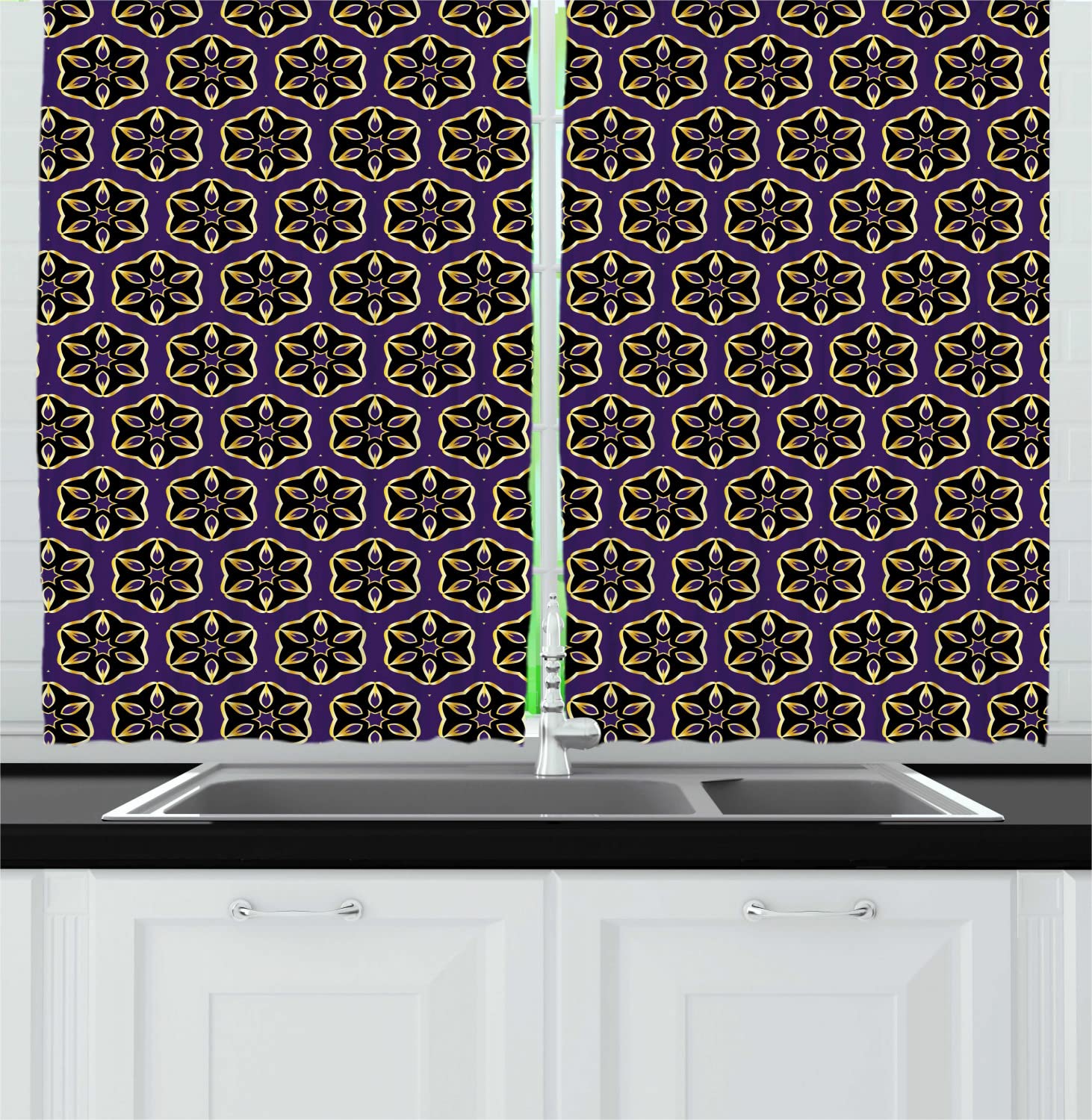 Ambesonne Floral Long Kitchen Curtains - Bohemian Geometric Oriental Flower Petals Design with Golden Yellow Accents, Set of 2 Rod Pocket Drapes for Window Decor, 55