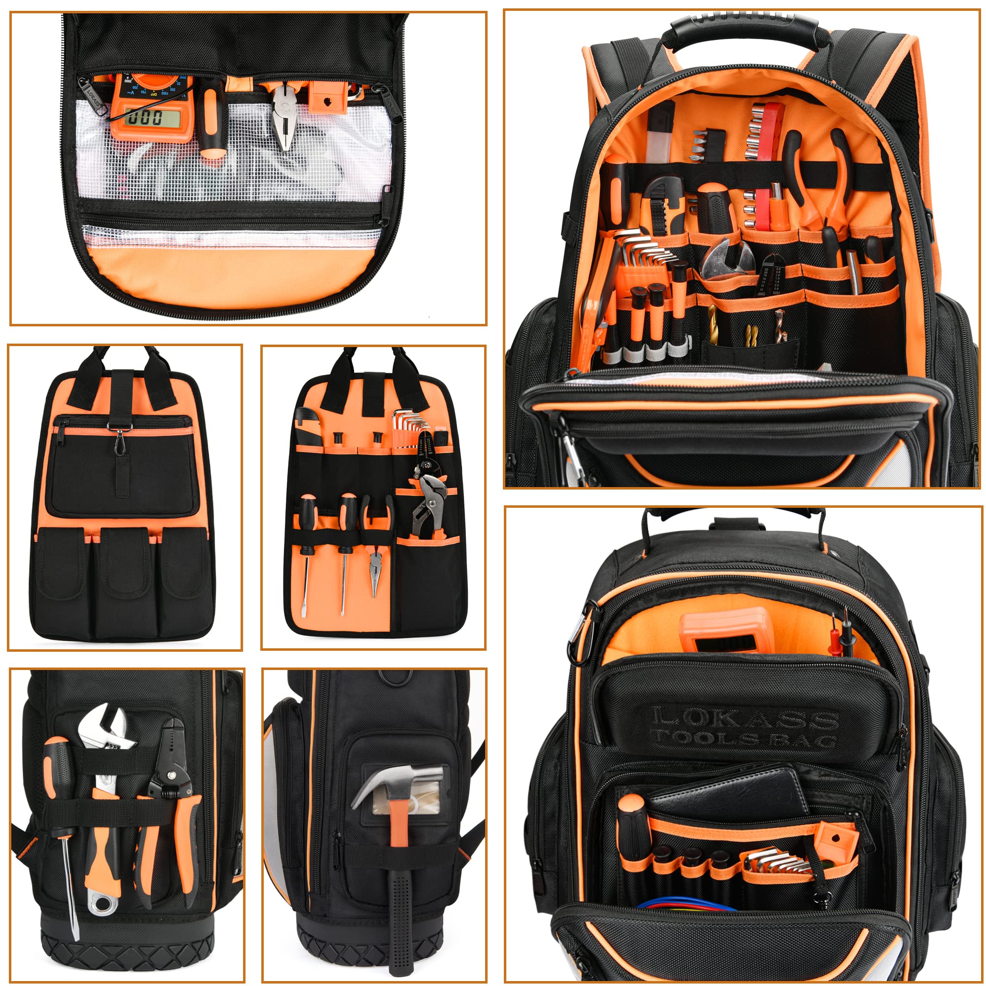 Heavy Duty Tool Bag Backpack - 75 Pockets & Loops for Electricians, HVAC & Construction Work | Large Black & Orange Organizer with Molded Base & Combination Lock | Perfect for Job Sites, Home Repairs & Professional Tool Storage
