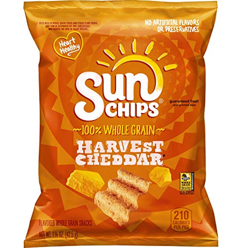 SunChips Harvest Cheddar Flavored Multigrain Snacks - 1.5oz Bags (Pack of 64) | Healthy Baked Whole Grain Chips for Parties, School Lunches & On-the-Go Snacking