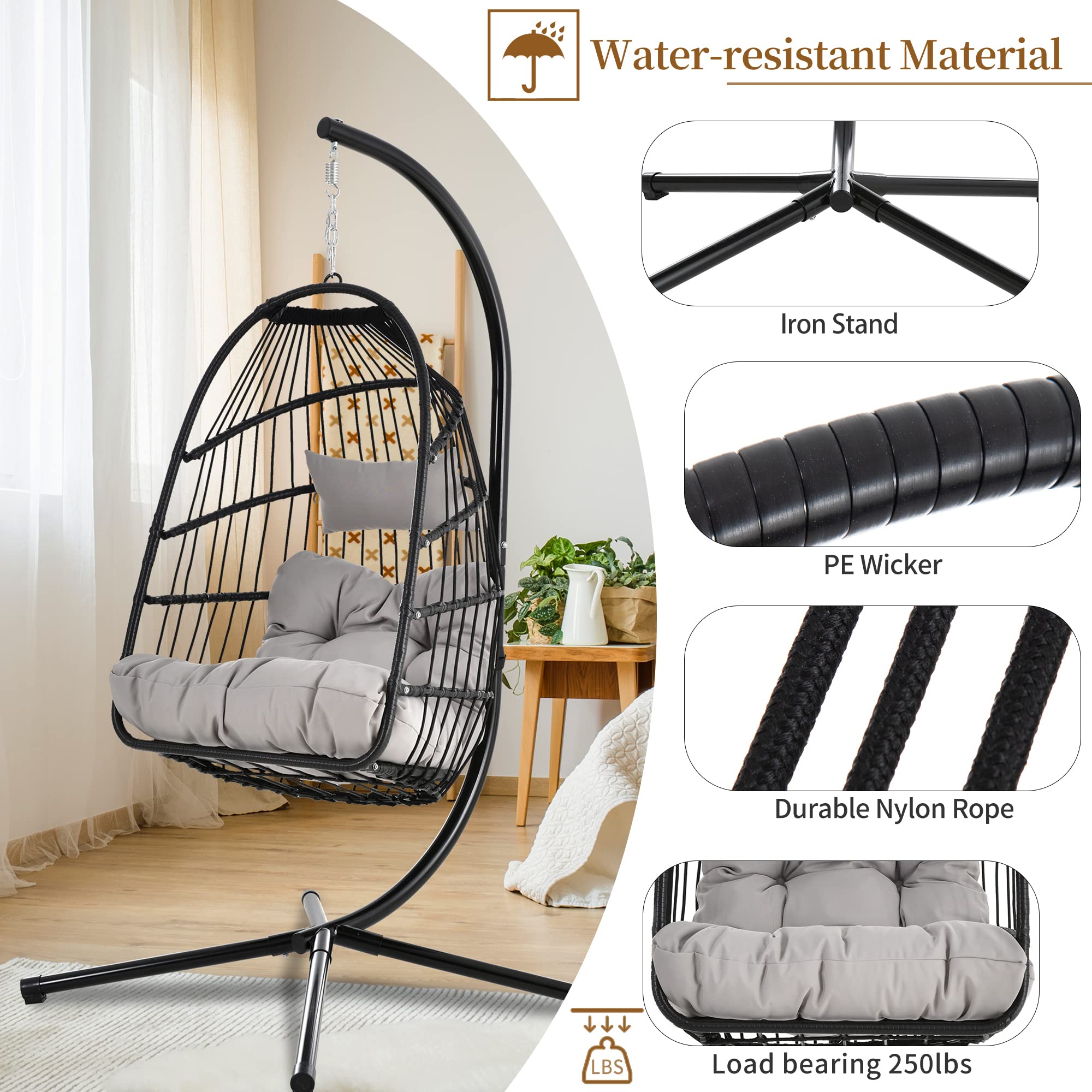 Outdoor Hanging Egg Chair - Foldable PE Rattan Wicker Swing Hammock with Steel Stand & Comfort Cushion for Patio, Balcony, Porch, Bedroom - Perfect for Relaxing, Reading & Lounging (Gray)