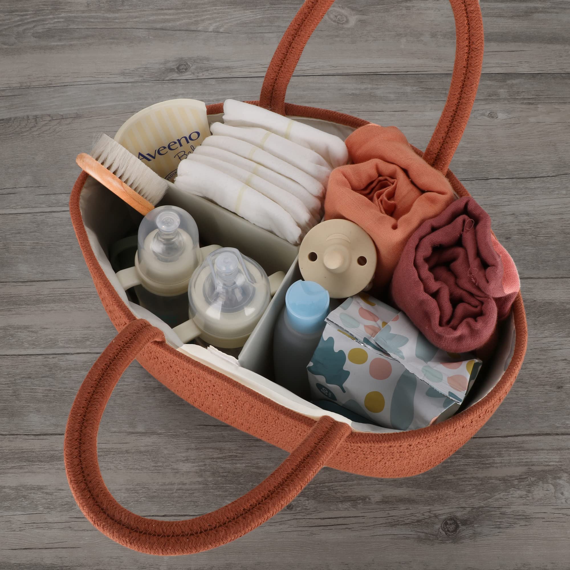 Baby Diaper Caddy Organizer - Cotton Rope Storage Bin Basket for Nursery, Changing Table & Travel - Portable Baby Essentials Holder for Boys & Girls - Perfect Baby Shower Gift & Newborn Registry Must Have (Rustic Style) - Ideal for Home Nursery, Car Trips & Diaper Changing Stations