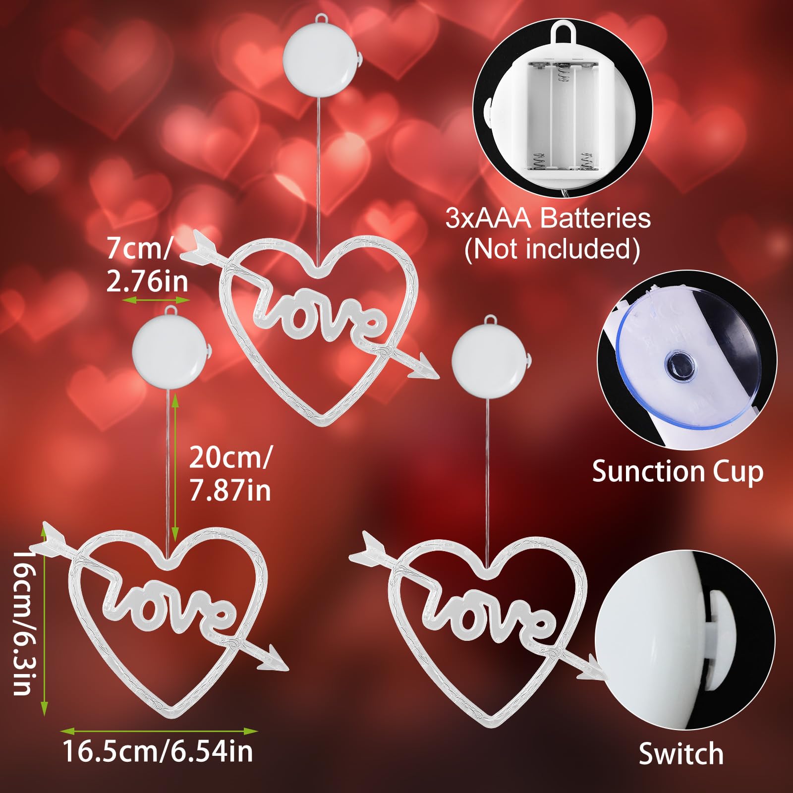 MUYUN Valentine's Day Window Lights Decorations - 3PCS Heart Shaped LED String Lights with Suction Cups, Timer & Battery Power for Home, Wedding, Anniversary - Romantic Indoor/Outdoor Decor for Bedroom, Living Room, Party
