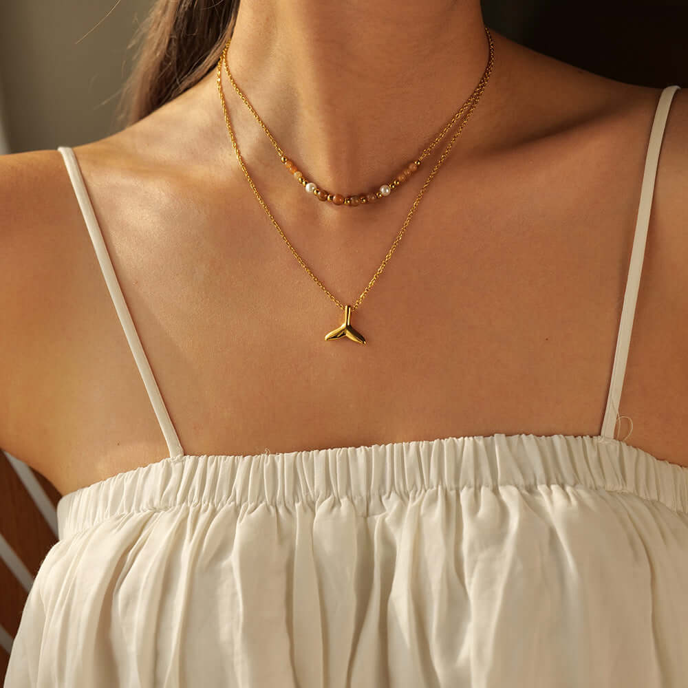 18K Gold Whale Tail Glass Bead Layered Necklace for Women - Elegant Layered Pendant Jewelry Gift for Birthday, Anniversary & Valentine's Day | JDN2306