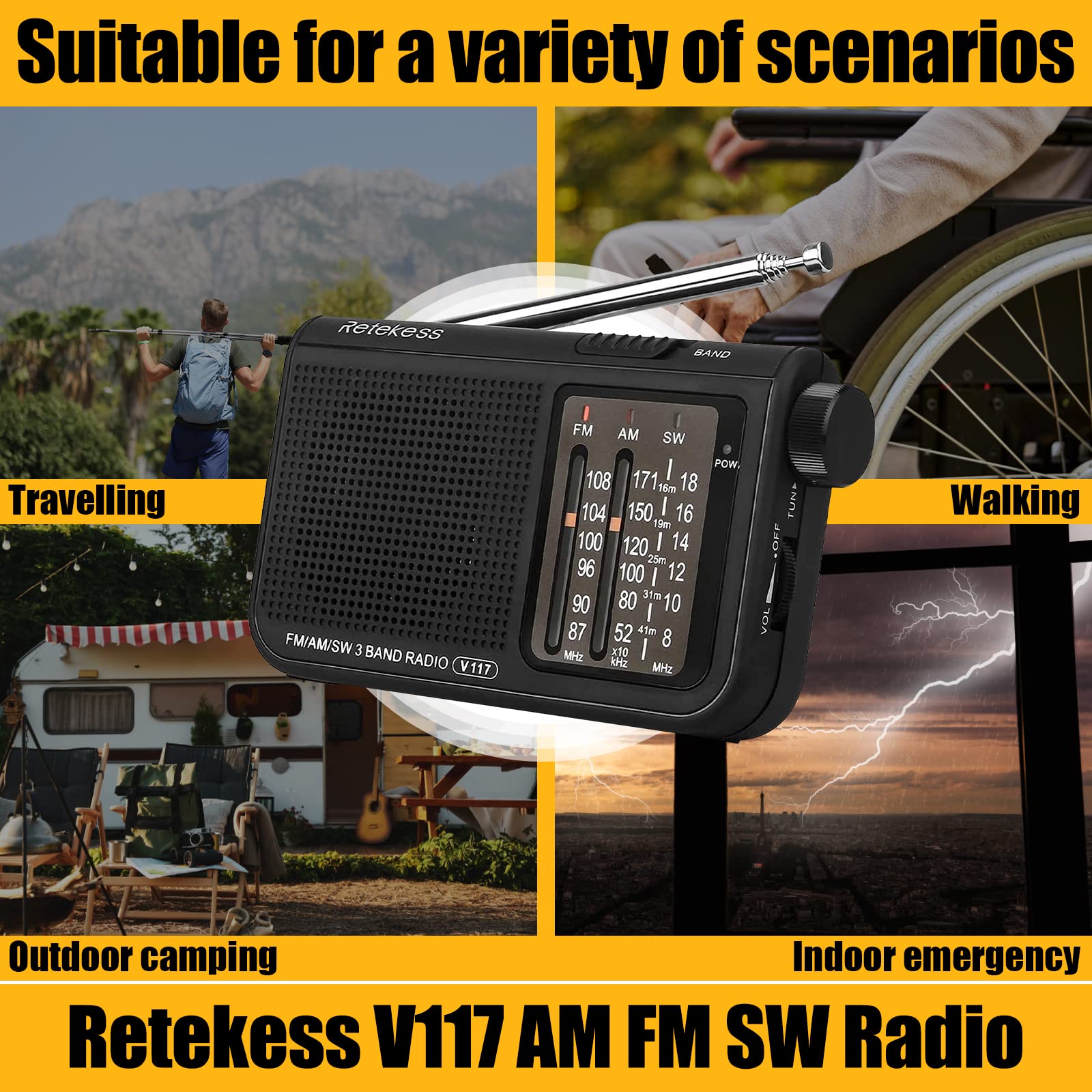Retekess V117 Portable AM FM Shortwave Radio with Clear Dial & Best Reception - Transistor Radio for Seniors, Outdoor, Emergency, Travel (Black)