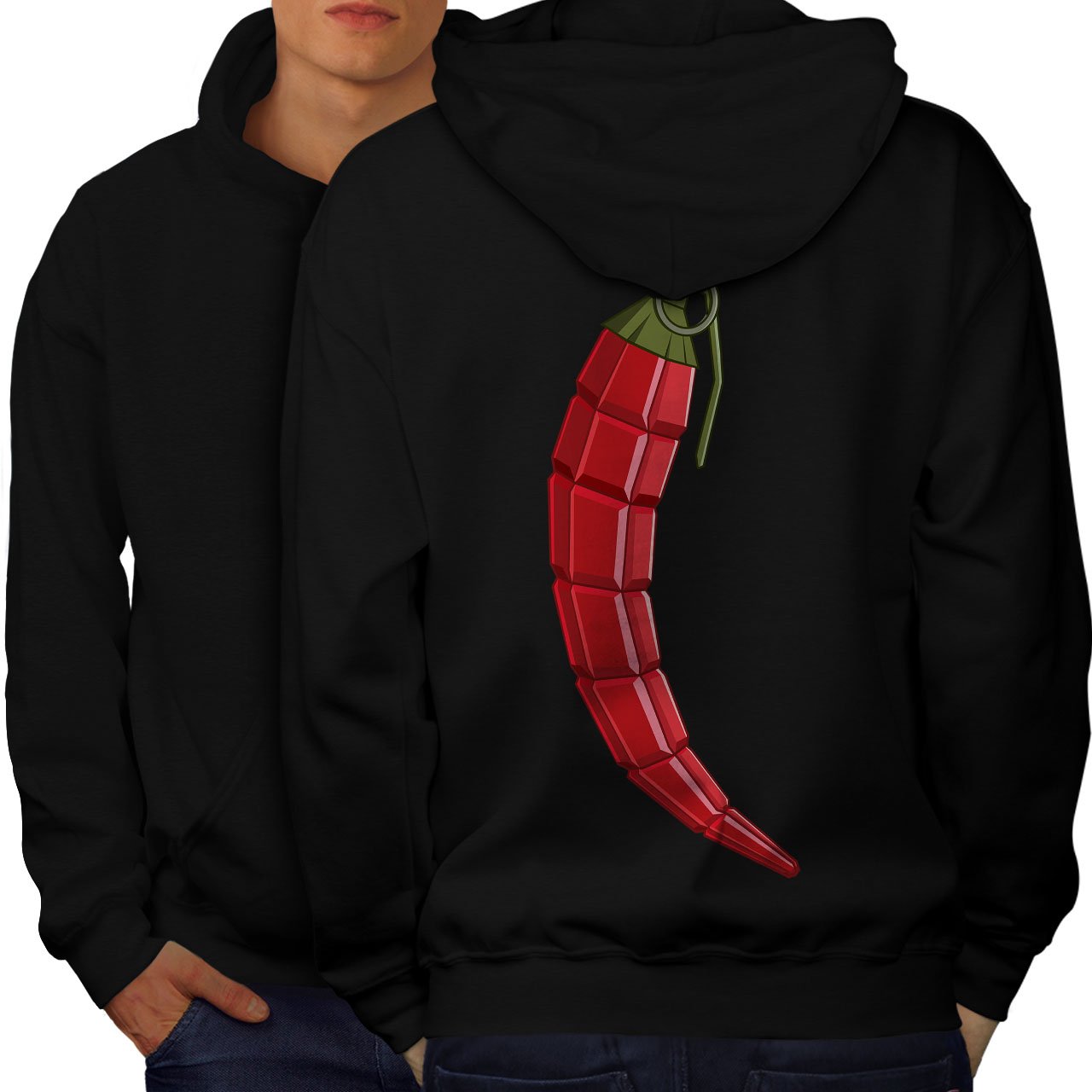 Wellcoda Men's Spicy Chili Pepper Bomb Hoodie - Hot Pepper Printed on Back - Perfect for Casual Wear, Street Fashion & Outdoor Activities