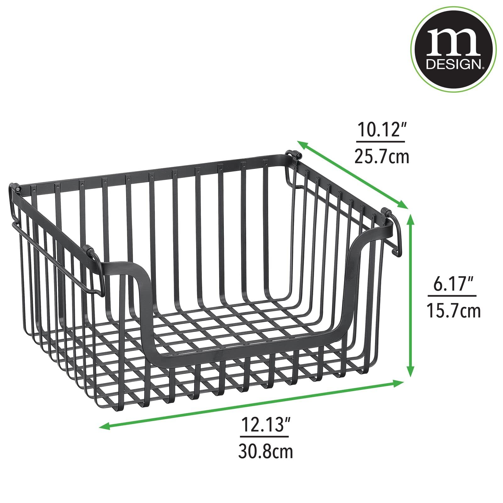 mDesign Large Stacking Wire Baskets - 2 Pack Matte Black Metal Storage Bins for Kitchen Cabinet & Pantry Organization | Perfect for Fruits, Vegetables, Snacks | Space-Saving Open Front Design | Carson Collection | Ideal for Home, Office, Dorm Room Storage Solutions
