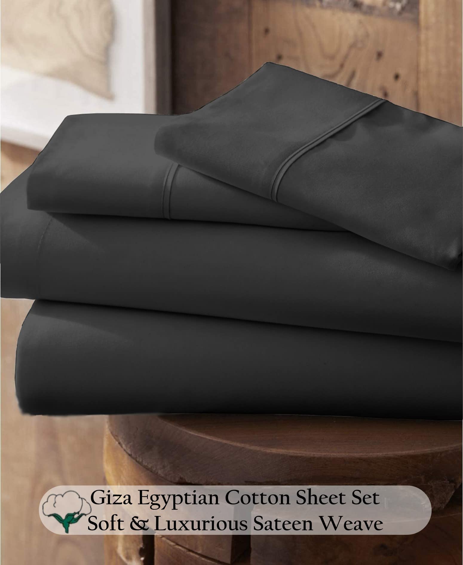 100% Certified Giza Cotton Pillowcase & Sheet Set - Queen Size, Soft Sateen Weave, Breathable Egyptian Cotton, Fits Up to 18-Inch Deep Pocket Mattress, Dark Grey - Perfect for Luxury Bedroom & Hotel Style Comfort