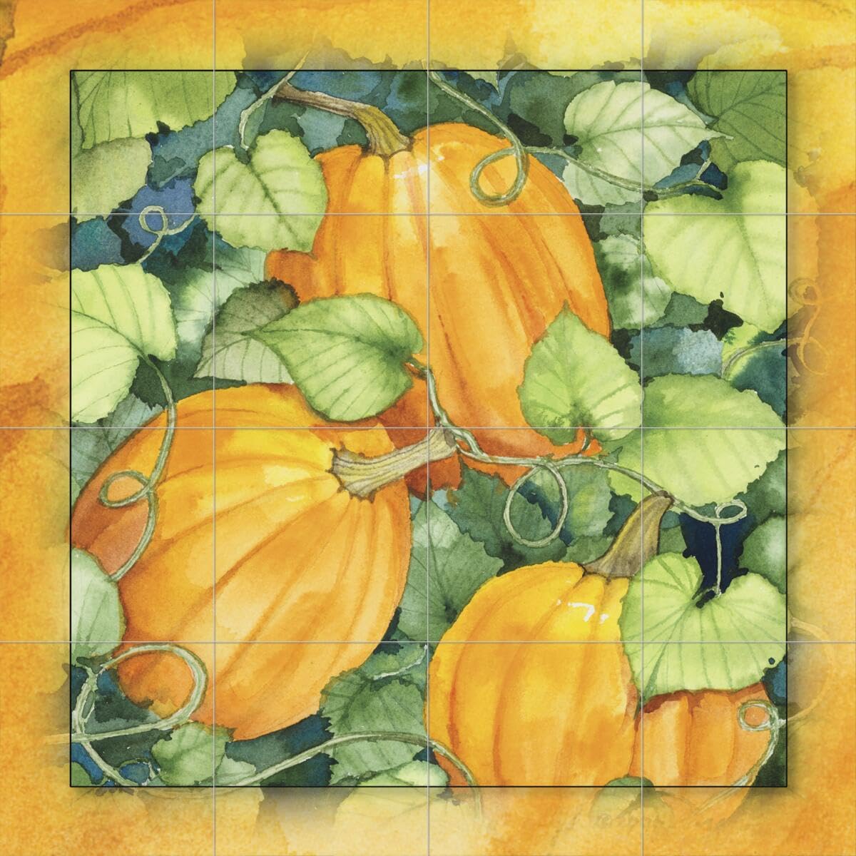 Ceramic Backsplash Tile Mural - Pumpkin Design for Kitchen & Bathroom Decor - Hand-Painted Fruit & Vegetable Art by Kathleen Parr McKenna - Perfect for Farmhouse, Rustic, and Cottage Style Homes