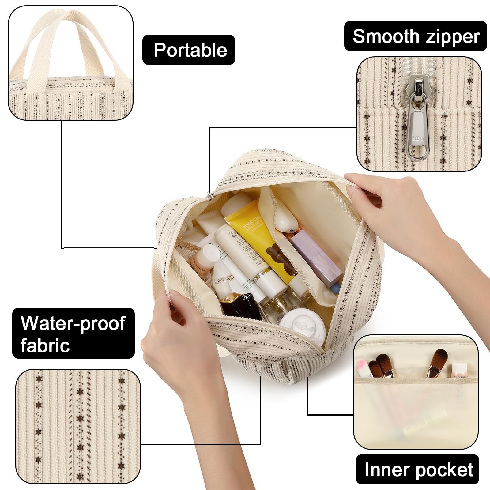 Cute Corduroy Makeup Bag for Women - Travel Cosmetic Organizer with Zipper | Perfect for Travel & Daily Use