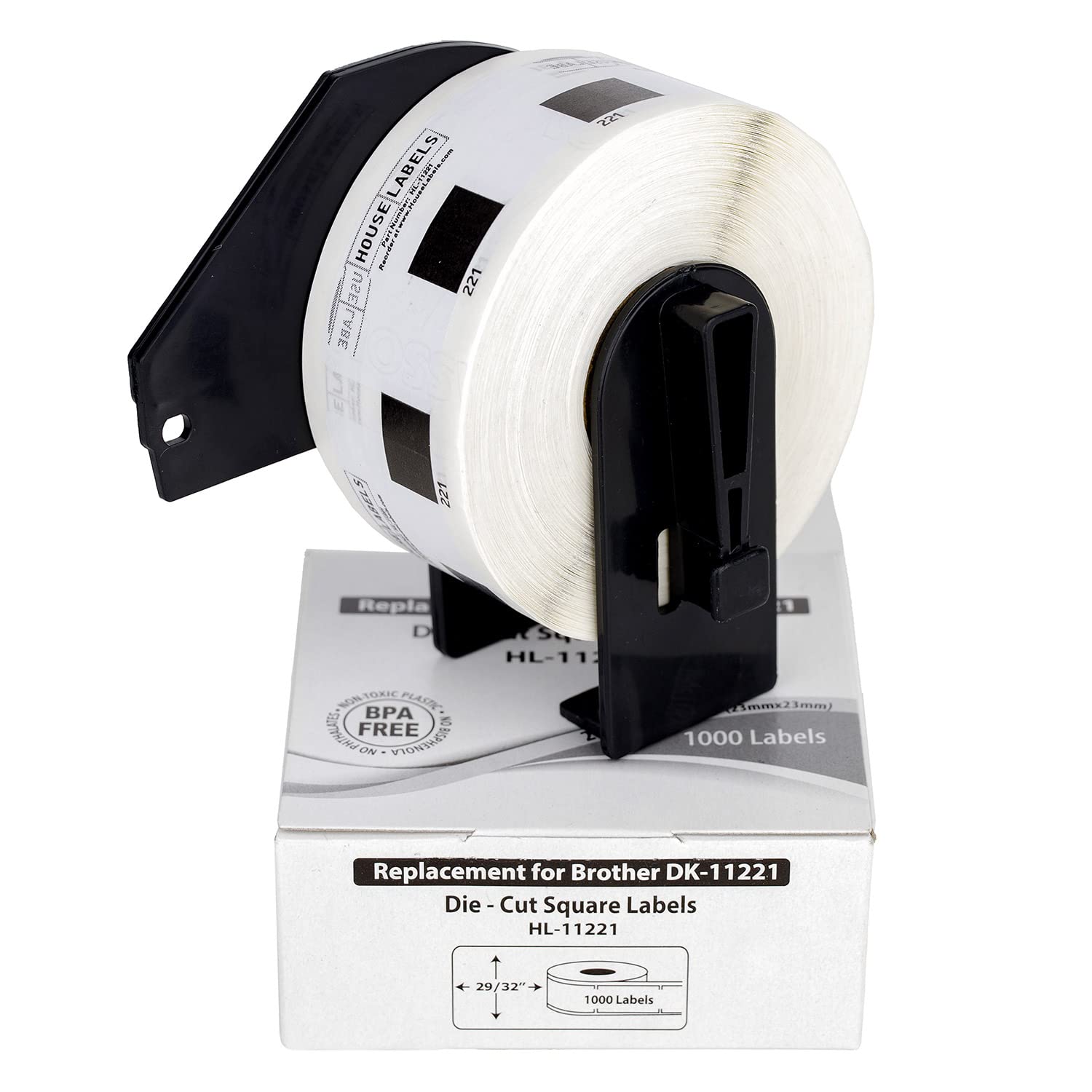 HOUSELABELS Compatible with Brother QL DK-1221 Label Printer - 1000pcs 23x23mm Square Sticker Labels (24 Rolls) with 1 Reusable Cartridge - Perfect for Office, Shipping, Inventory & Product Labeling