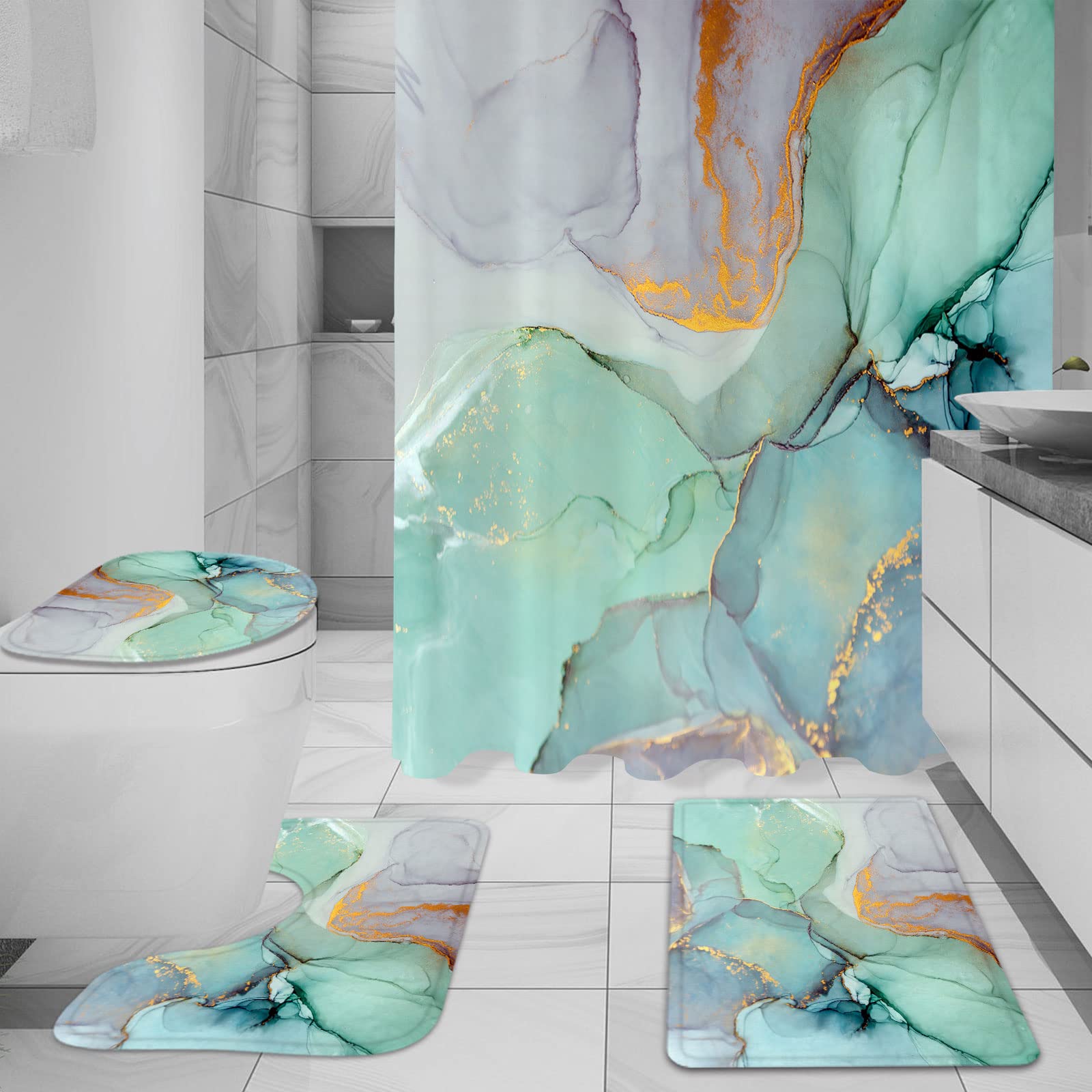 Gibelle 4-Piece Shower Curtain Set with Non-Slip Bath Rugs, Toilet Lid Cover & Bath Mat - Green Marble Bathroom Decor for Modern Homes | Perfect for Bathroom Makeovers & Spa-Like Retreats