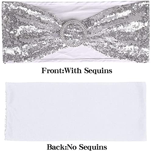 Sparkling NC Sequin Chair Sashes - Pack of 100 Stretch Spandex Chair Bands with Buckle for Wedding, Banquet, Birthday, Graduation, Anniversary & Prom Decorations - Elegant Party Chair Covers (Silver, 100pcs) - Perfect for Wedding Aisle Decor, Banquet Seating & Special Event Chair Decorations