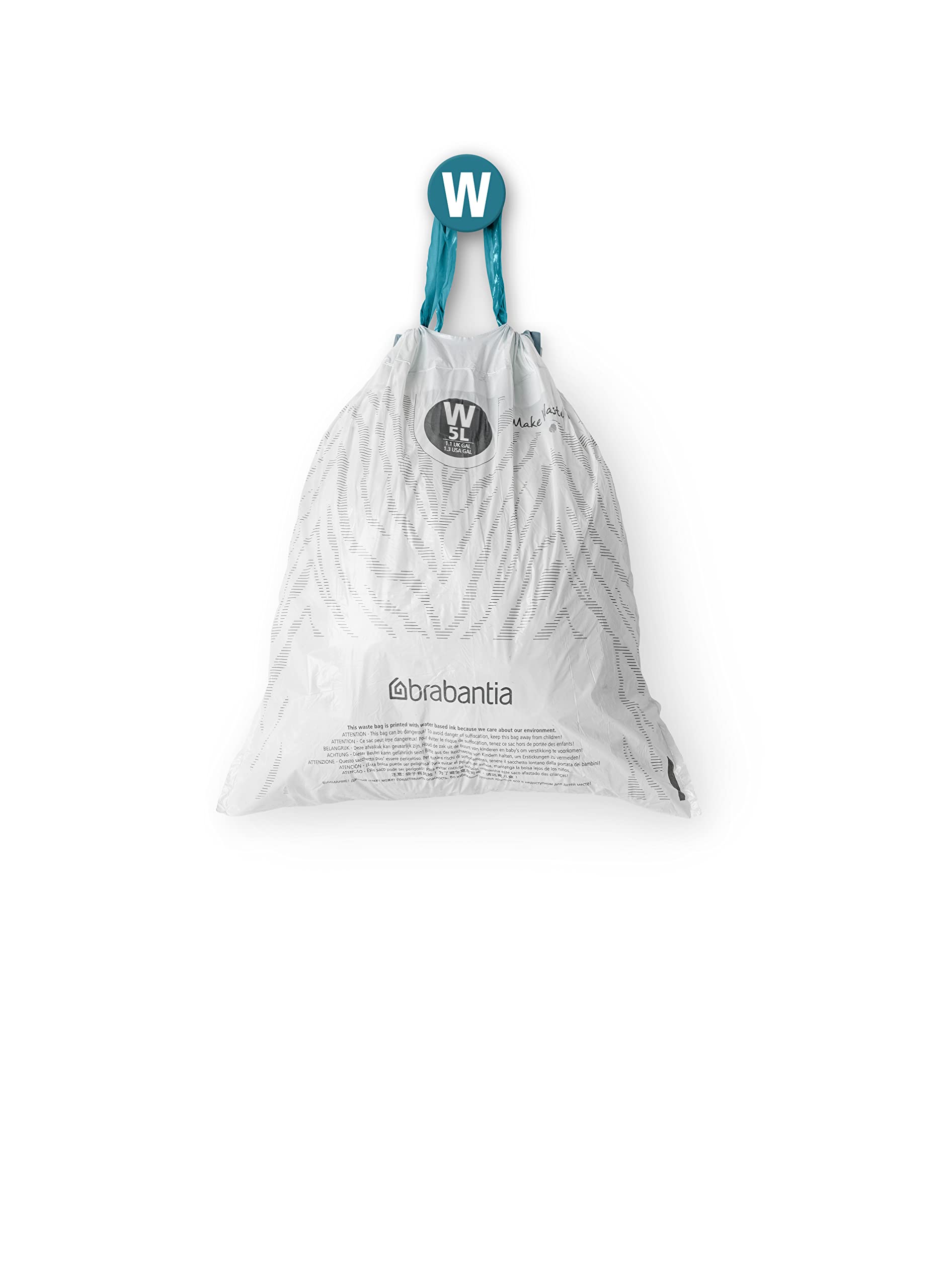 Brabantia PerfectFit Trash Bags 1.3 Gallon - Heavy Duty Drawstring Kitchen Trash Can Liners (200 Count) - Ideal for Small Waste Bins, Bathrooms, Offices & Dorm Rooms