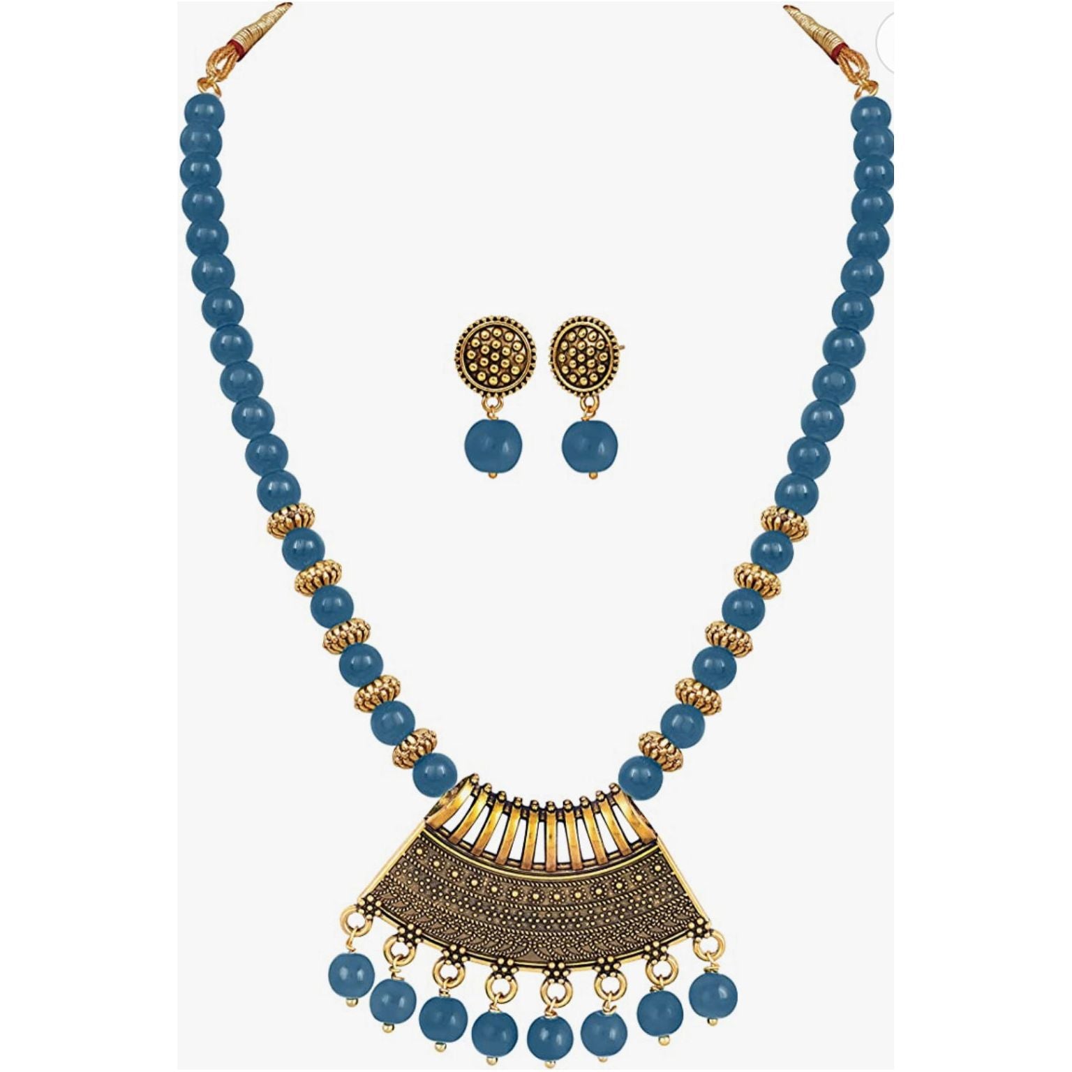 Vintage Gold Plated Tribal Beaded Necklace Set for Women - Antique Semi Circle Pendant Jewelry for Boho, Festival & Everyday Wear