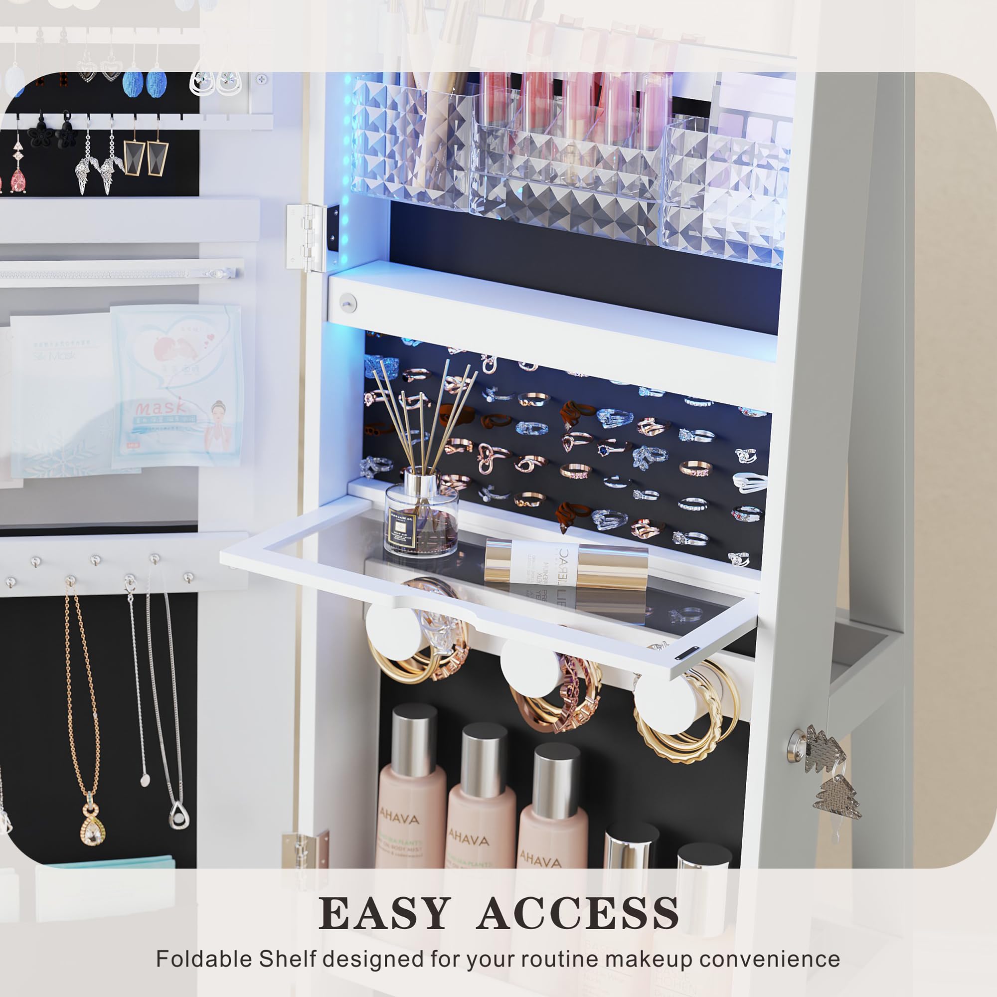 360° Swivel Jewelry Organizer with Full-Length Mirror & LED Lights - Jewelry Armoire Cabinet with Drawers - Large Mirror Storage for Jewelry & Makeup - Perfect Gift for Women, Mom, Wife & Teen Girls (White) - Ideal for Bedroom, Dressing Room & Closet Organization