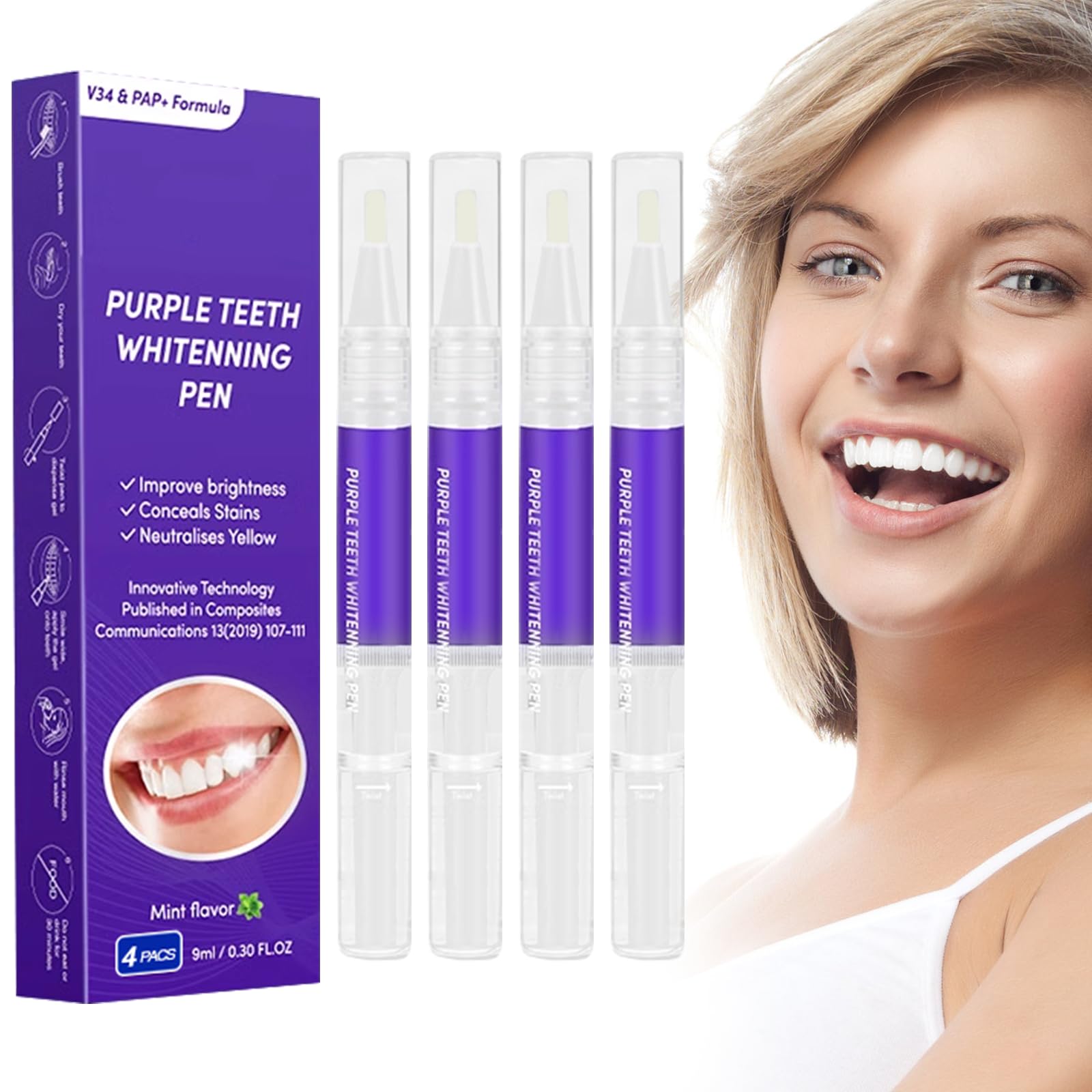 Landrain 4-Pack Teeth Whitening Pen Set - Purple Teeth Whitening & Stain Removal for Instant Brightening - Perfect for Travel, Home Use & Special Occasions