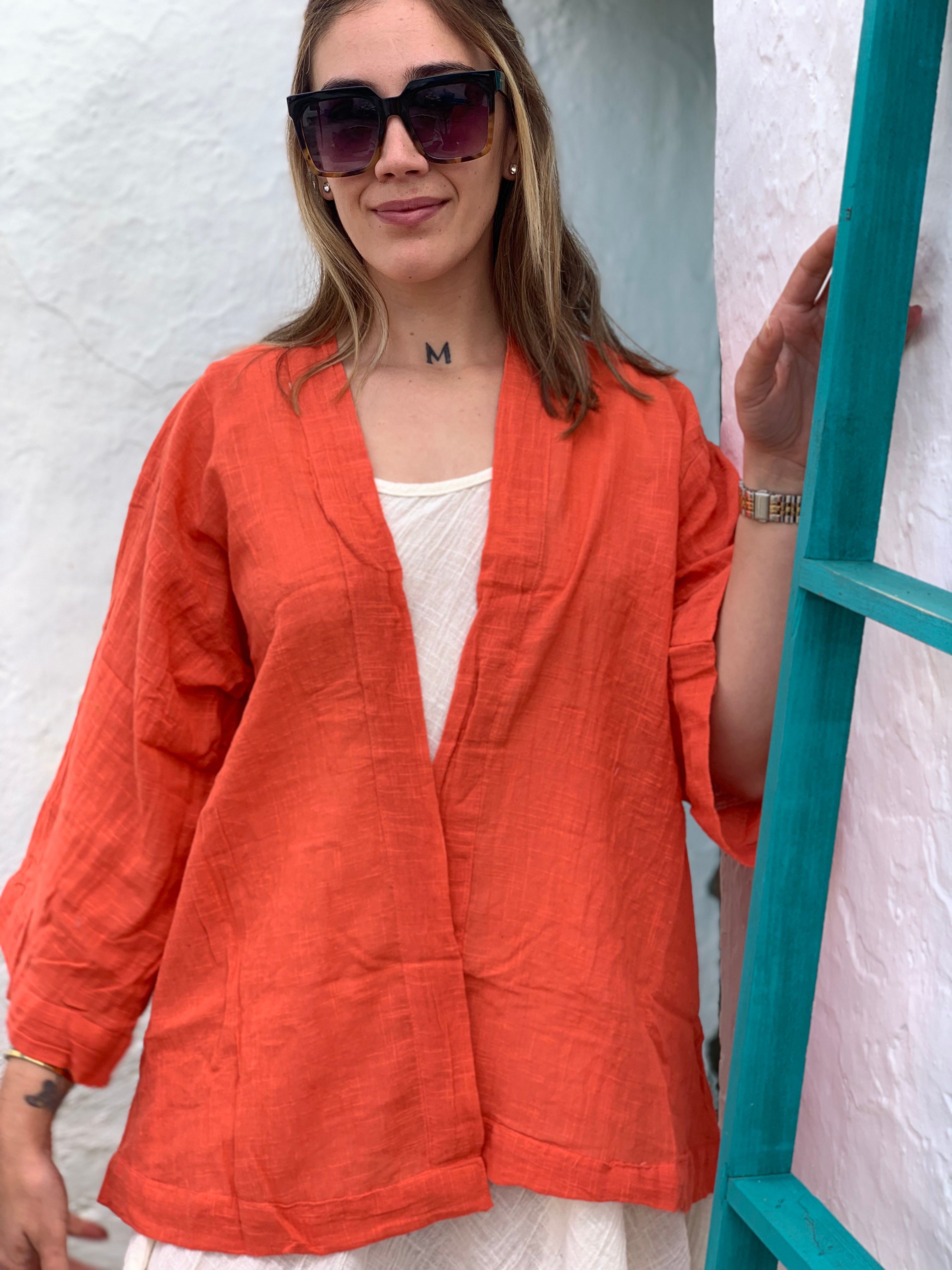 Stylish Ibiza Boho Short Kimono in Strawberry Red - Perfect for Beach Cover-Ups, Music Festivals & Summer Outfits