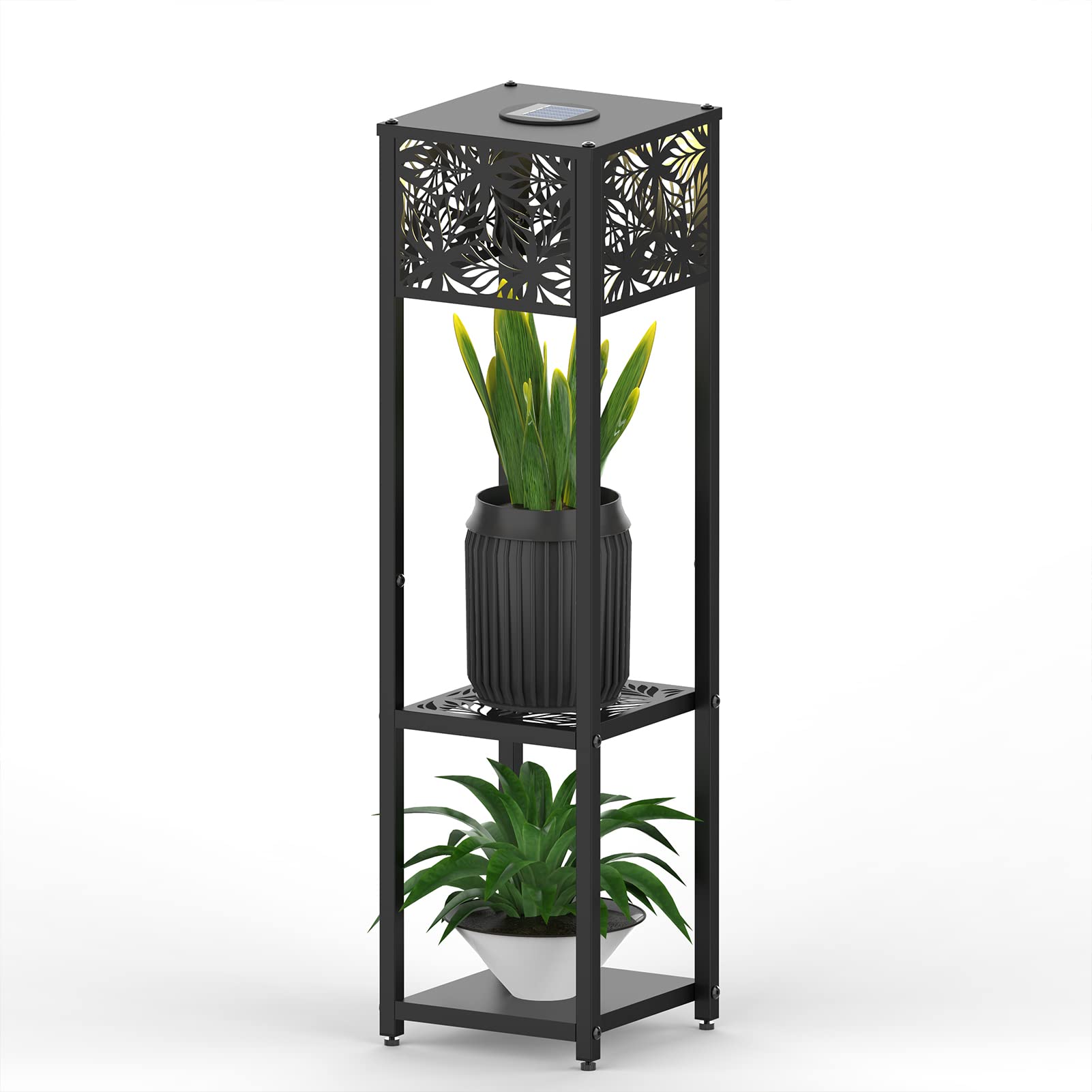 Solar-Powered Wooden Plant Stand with LED Light - 3-Tier Indoor/Outdoor Plant Shelf for Flowers, Succulents - Perfect for Garden, Patio, Balcony, Bathroom & Office Decor