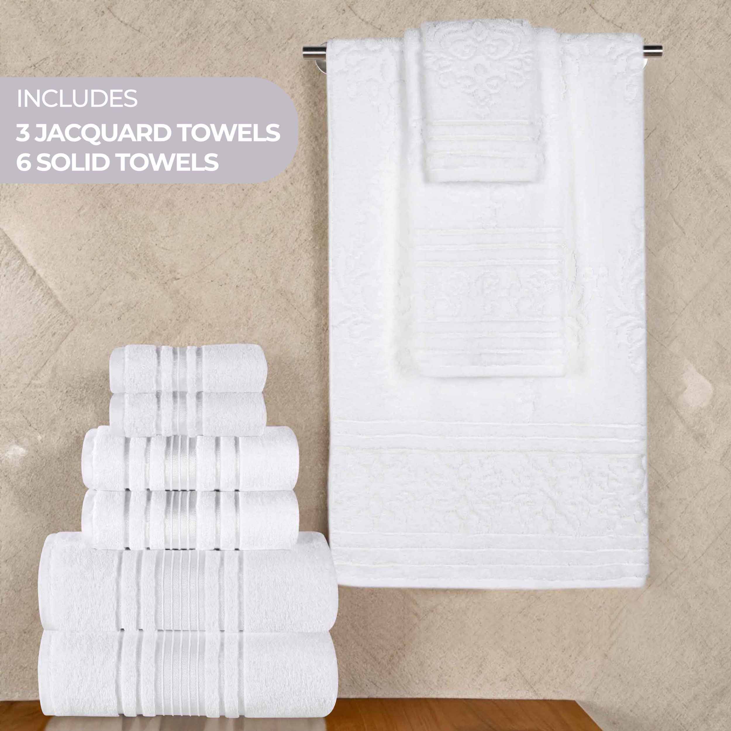 Sadie 9-Piece Zero Twist Cotton Towel Set - Solid & Jacquard Floral Bath Towels, Hand Towels & Washcloths - Soft & Absorbent for Bathroom, Spa & Guest Room