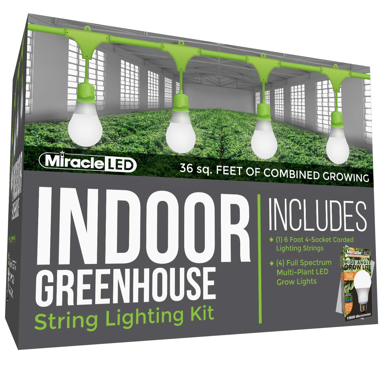 Miracle LED 4-Socket 6ft Indoor Greenhouse Kit with Full Spectrum Grow Lights - 4 Daylight Wide Angle Plant Lights (Replaces 150W Each) - Perfect for Indoor Gardening, Hydroponics & Seed Starting