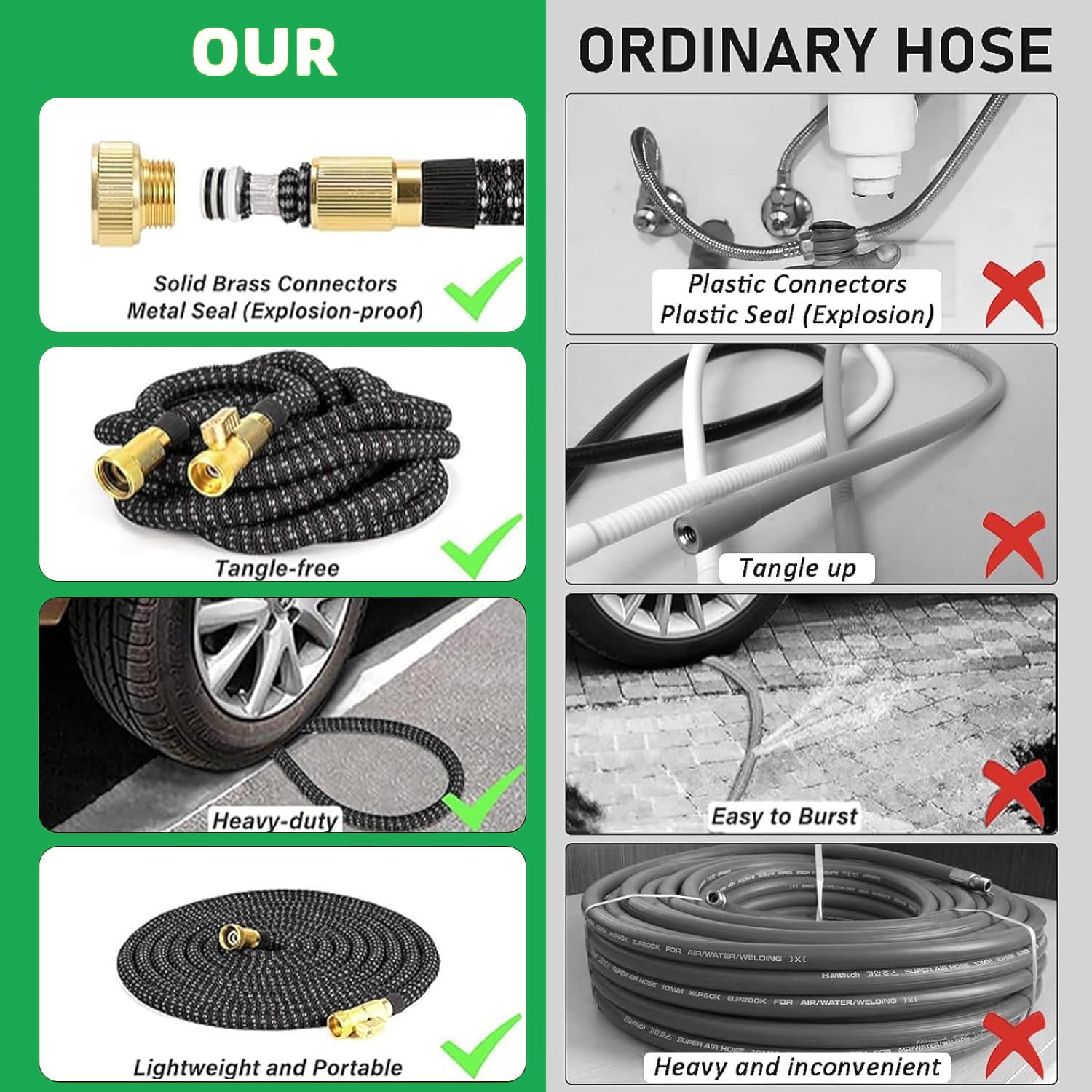 50 ft Expandable Garden Hose - No Kink Flexible Water Hose 50ft with 10 Pattern Spray Nozzle, Leakproof Solid Brass Connectors, Retractable Latex Core - Lightweight Collapsible Hose for Lawn, Garden, Car Washing & Outdoor Cleaning