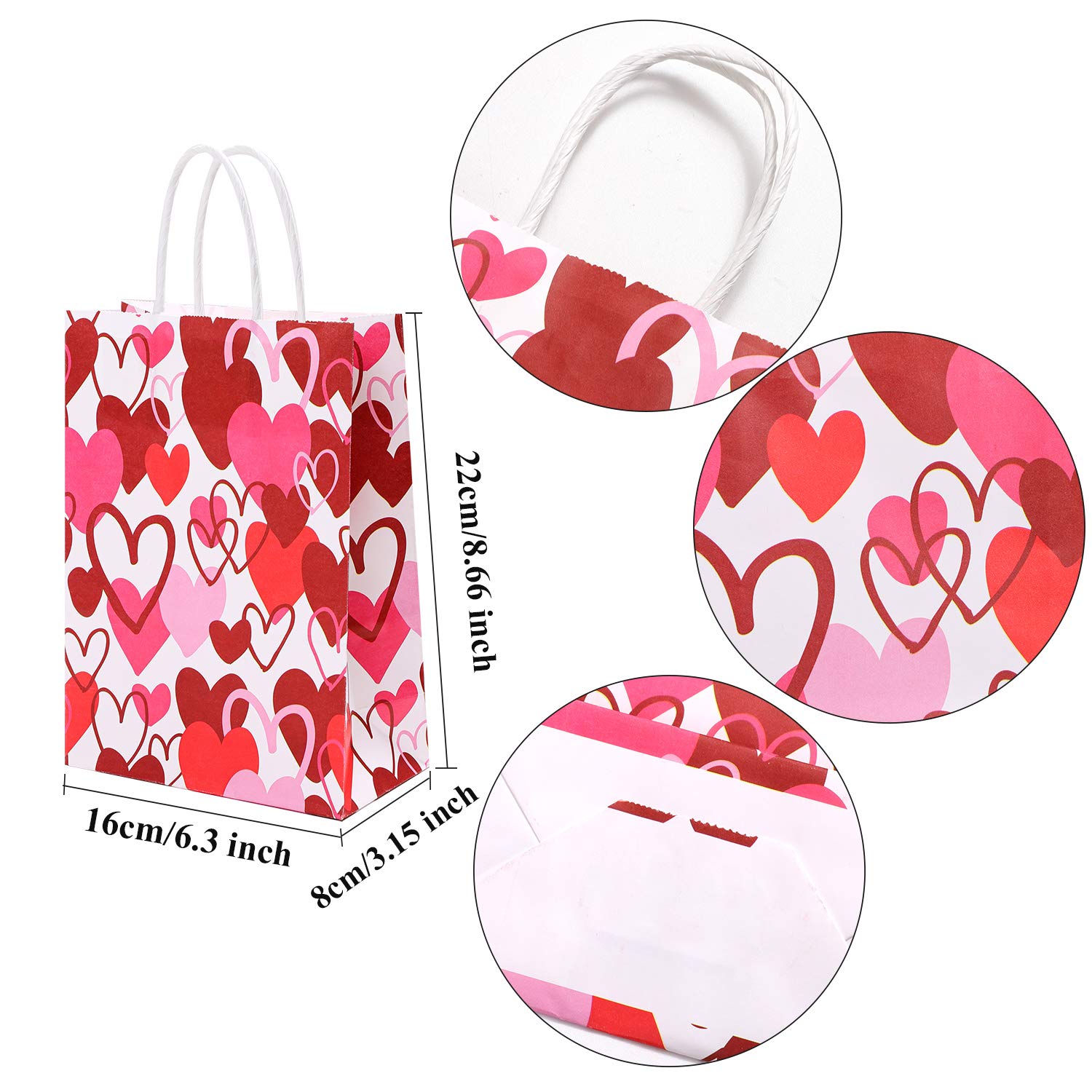20-Piece Valentine's Day Kraft Paper Gift Bags with Handles - Red & Pink Heart Design for Party Favors, Classroom Treats & Romantic Gift Packaging