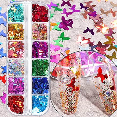 12 Colors Holographic Butterfly Nail Glitters Set - Laser Nail Art Decals, Colorful Flakes Design for Acrylic Nails & Manicure Decorations | Perfect for DIY Nail Art, Salon Professionals, and Party Glam Looks
