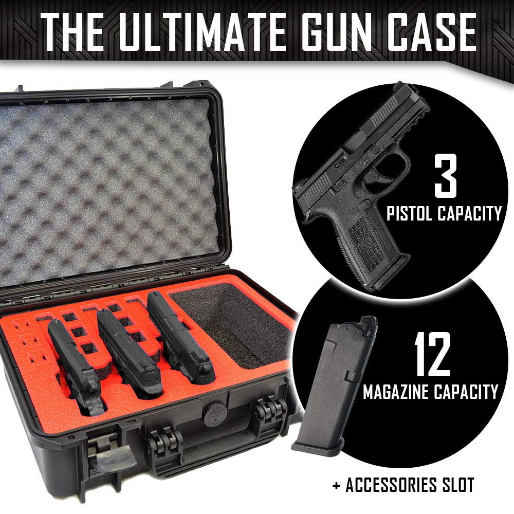 3 Pistol 12 Magazine + Accessories Storage Durable Waterproof Pistol Case with Custom Foam Insert - Perfect for Gun Range, Hunting & Secure Firearm Storage
