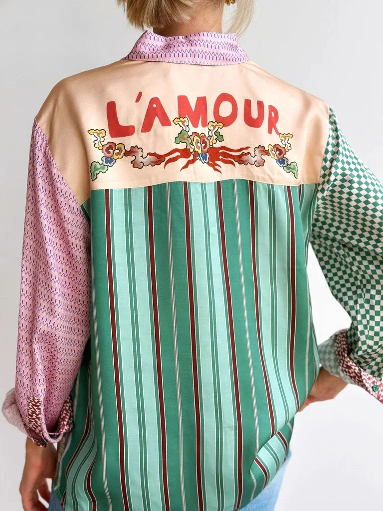 Vintage Graffiti Print Long Sleeve Blouse with Turn Down Collar - Women's Graphic Shirt & Cardigan for Casual Streetwear | Perfect for Urban Fashion, Music Festivals, and Everyday Stylish Outfits