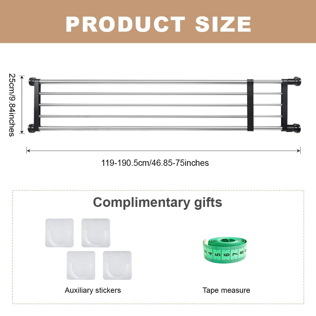 Expandable Closet Tension Shelf Rod - Adjustable Metal Storage Rack (46.85-75 inches) | Cabinet Organizer for Wardrobe, Kitchen & Bathroom | Space Saving DIY Shelf Divider | Black | Perfect for Small Spaces & Closet Organization
