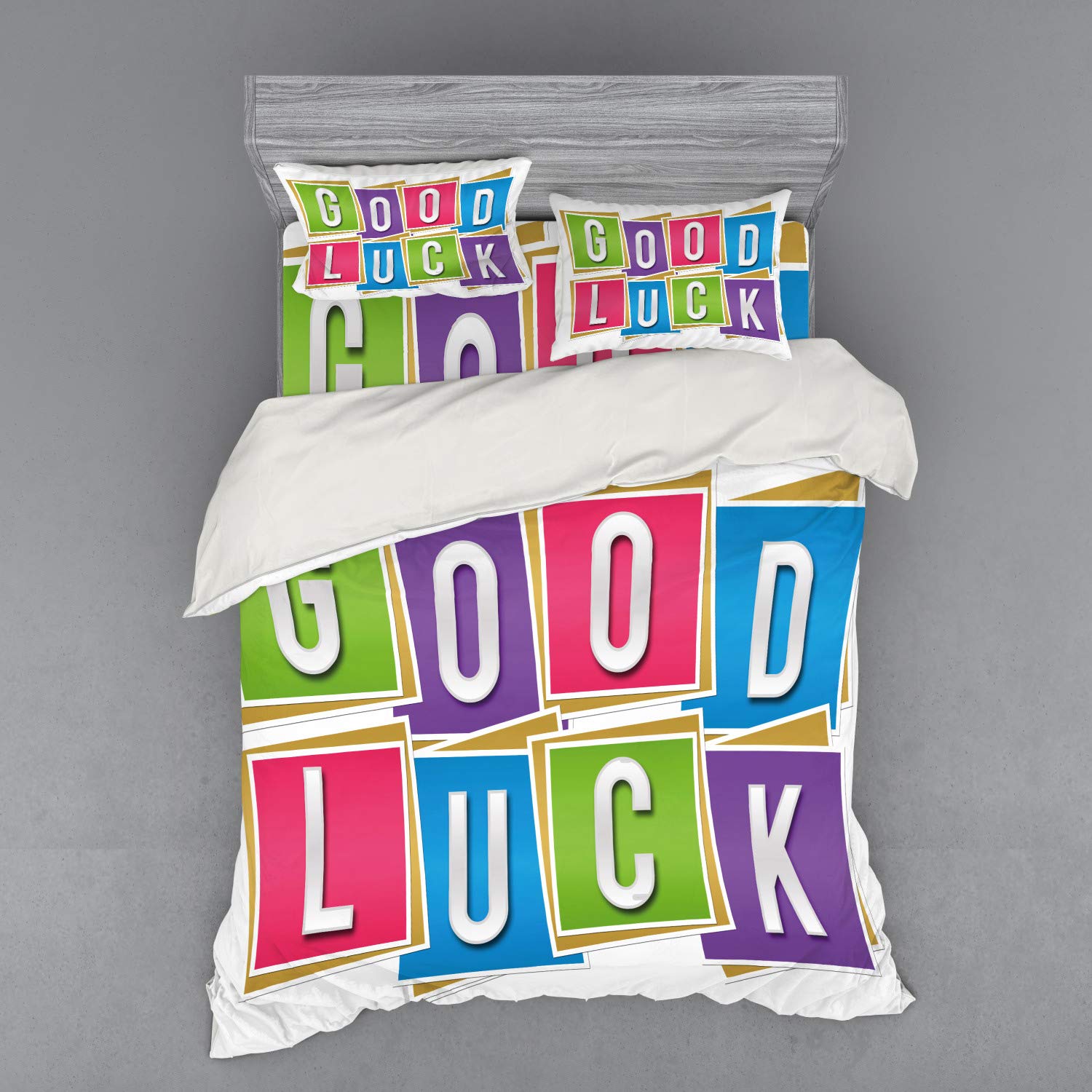 Ambesonne Going Away Party Duvet Cover Set - Colorful Vibrant Blocks with 'Luck' Lettering Modern Art Print | 4-Piece Queen Size Bedding Set with Shams & Fitted Sheet | Perfect for College Dorms, Guest Rooms & Themed Parties