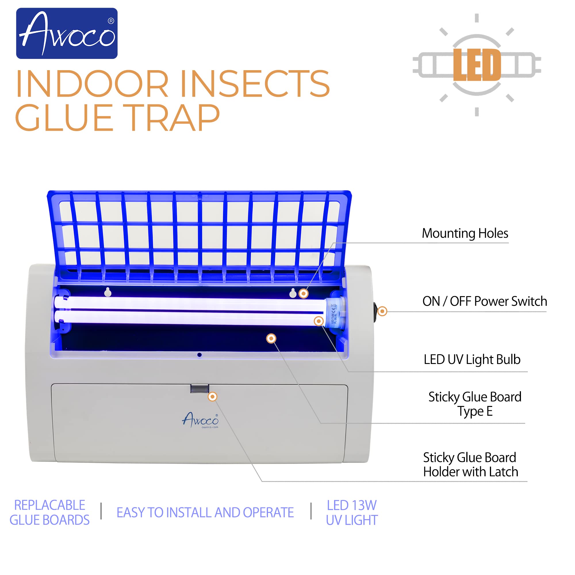 Awoco LED 13W Sticky Fly Trap Lamp - Wall Mount Insect Catcher for Flies, Mosquitoes, Moths & Flying Insects | Indoor/Outdoor Pest Control for Home, Kitchen, Restaurant & Patio