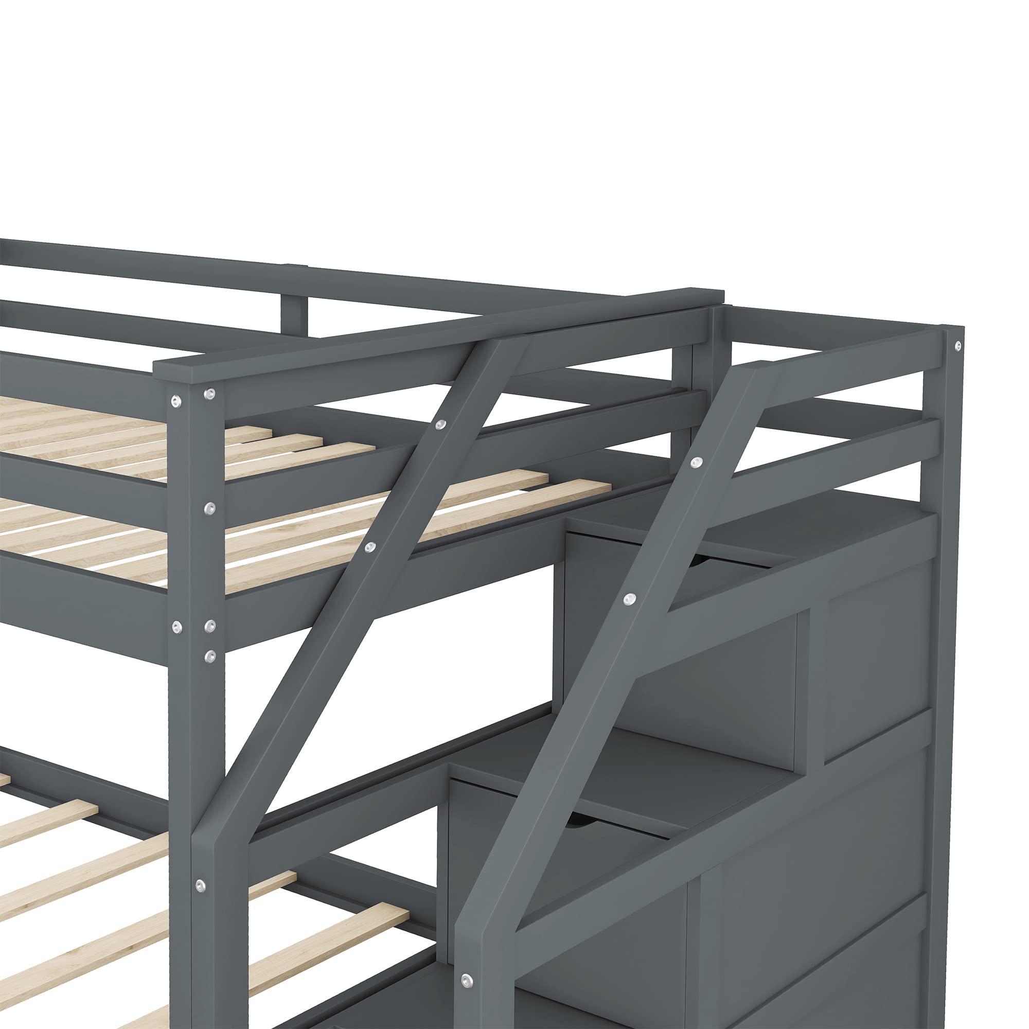 Wooden Twin Bunk Bed with Stairs & Storage Drawers - Space-Saving Kids Bunk Bed with Pull-Out Trundle for Boys & Girls (Grey) - Perfect for Small Bedrooms, Shared Kids Rooms & Sleepovers