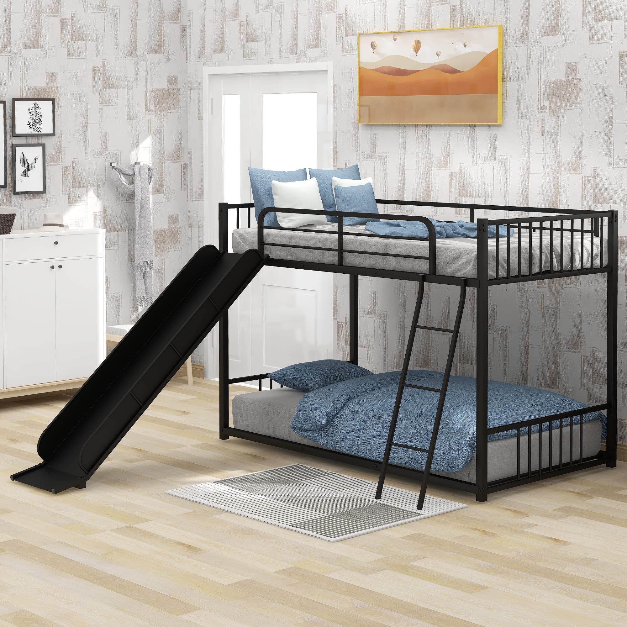 SOFTSEA Black Metal Bunk Bed with Slide - Heavy Duty Low Loft Bed for Kids & Teens - Perfect for Small Bedrooms, Dorms, and Playrooms