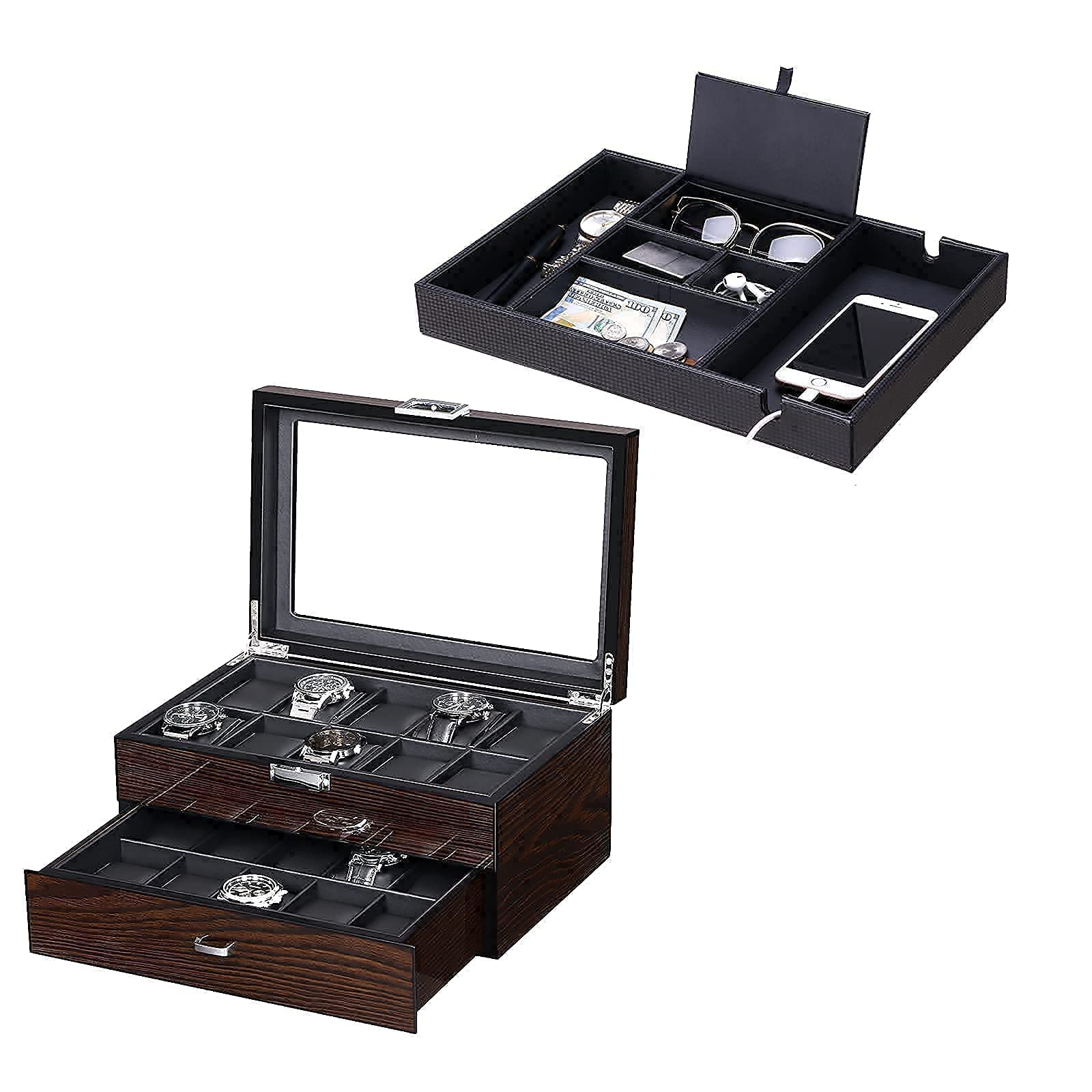 BEWISHOME 20 Slot Watch Box for Men with Valet Tray - Luxury Leather Watch Case Organizer & Dresser Valet Tray Set - Perfect for Nightstand, Dresser, and Travel Storage