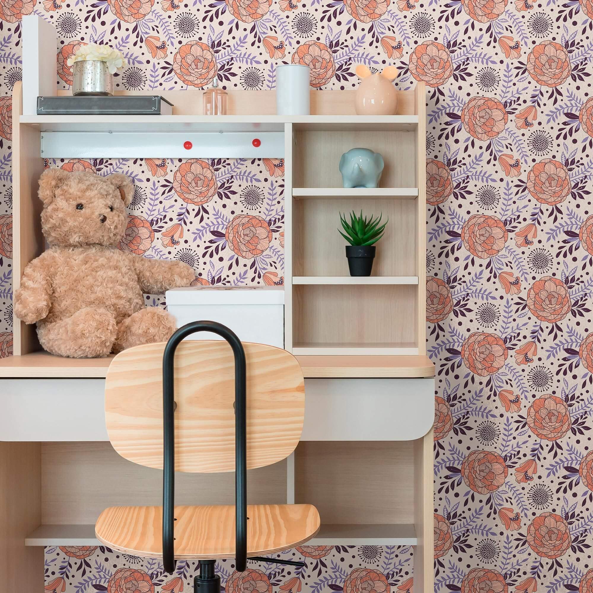 Orange and Purple Botanical Floral Peel and Stick Removable Wallpaper 6586 - Self-Adhesive Wall Decor for Bedroom, Living Room, Nursery & Office