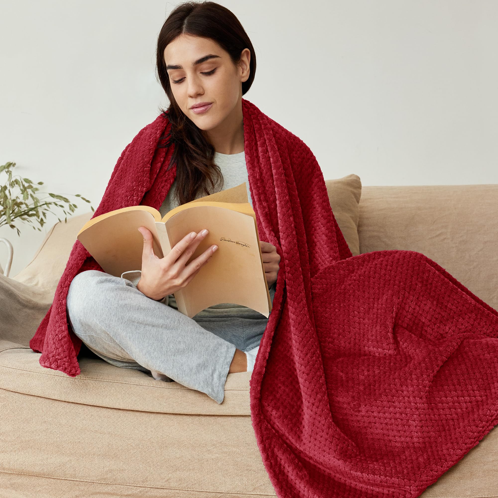 Premium Fleece Blend Queen Size Bed Blanket - Ultra Soft & Warm Waffle Textured Blanket for Couch, Sofa & Bed - Cozy, Lightweight & Fuzzy Throw (90x90 Inches, Deep Red) - Perfect for Winter Nights, Movie Time & Home Decor