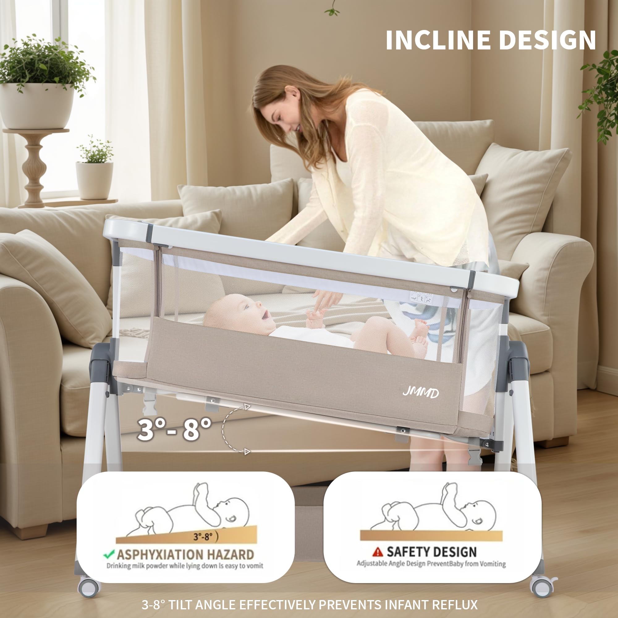 JMMD 3-in-1 Adjustable Baby Bassinet Bedside Sleeper - 6 Height Levels, Foldable & Portable Crib for Newborns & Infants (Khaki) | Perfect for Nursery, Bedroom Co-Sleeping & Travel
