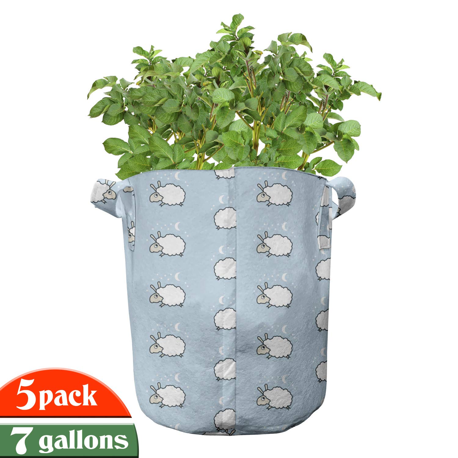 Ambesonne 5-Pack Heavy Duty Fabric Grow Bags with Handles - Counting Sheep Cartoon Pattern Plant Pots for Vegetables, Herbs & Flowers - Indoor/Outdoor Gardening, Balcony & Patio Decor (Pale Blue & White)
